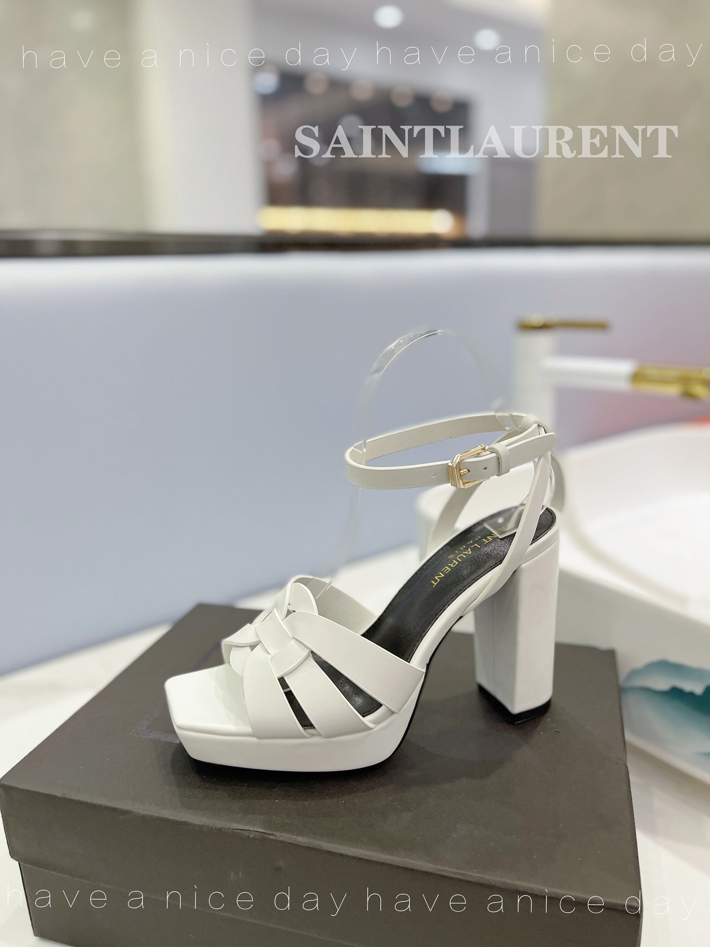 SL TRIBUTE FLATFORM SANDALS WHITE CALFSKIN