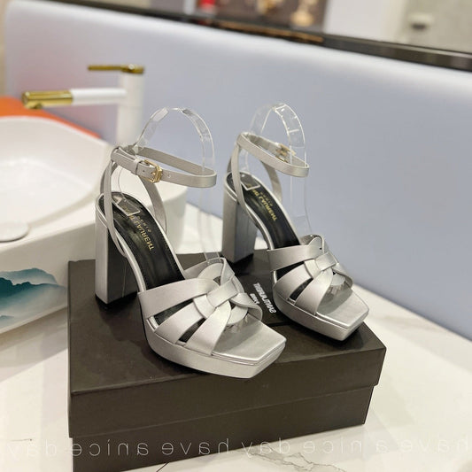 SL TRIBUTE FLATFORM SANDALS SILVER CALFSKIN