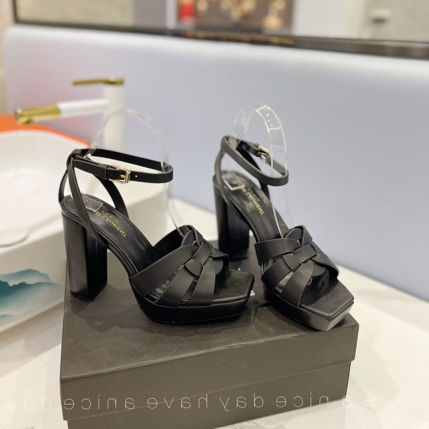 SL TRIBUTE FLATFORM SANDALS BLACK CALFSKIN