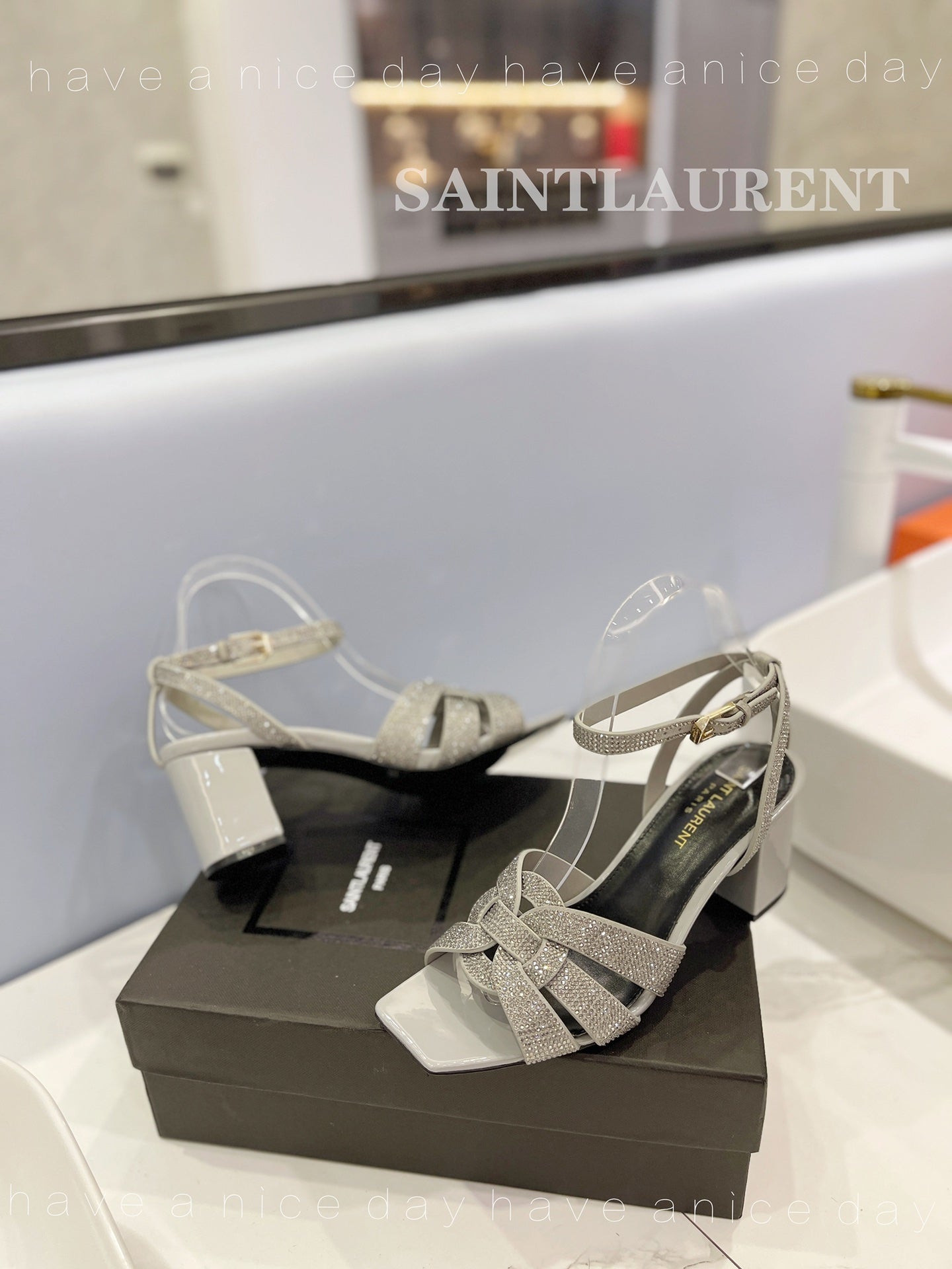 SL TRIBUTE CRYSTAL SANDALS LIGHT GRAY CALFSKIN