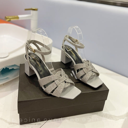 SL TRIBUTE CRYSTAL SANDALS LIGHT GRAY CALFSKIN