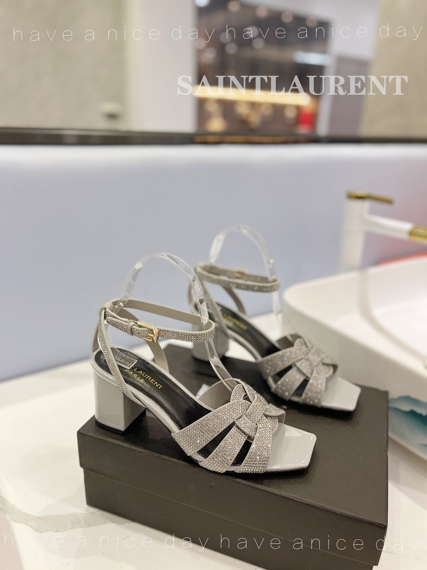 SL TRIBUTE CRYSTAL SANDALS LIGHT GRAY CALFSKIN