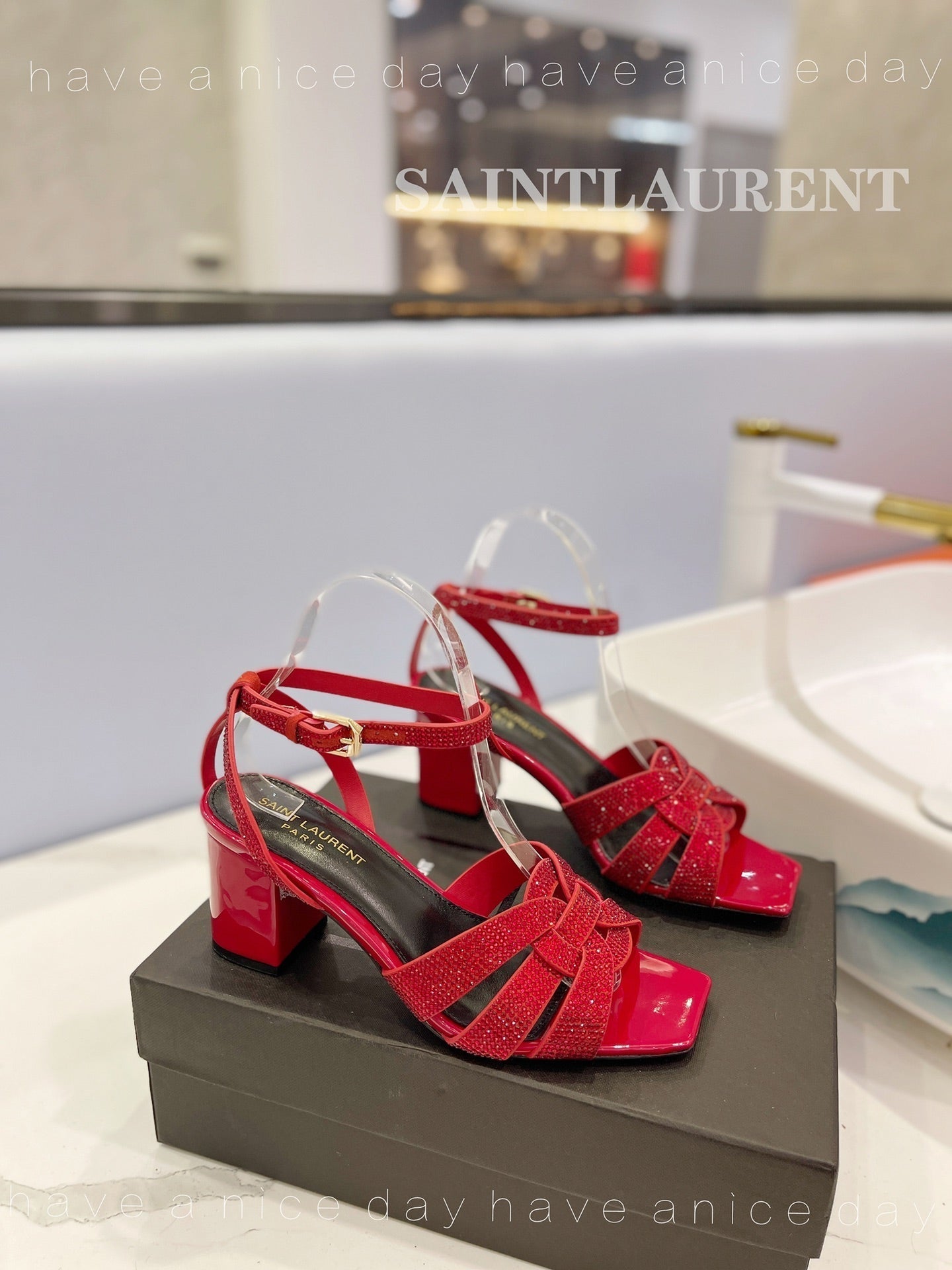 SL TRIBUTE CRYSTAL SANDALS GLOSSY RED CALFSKIN