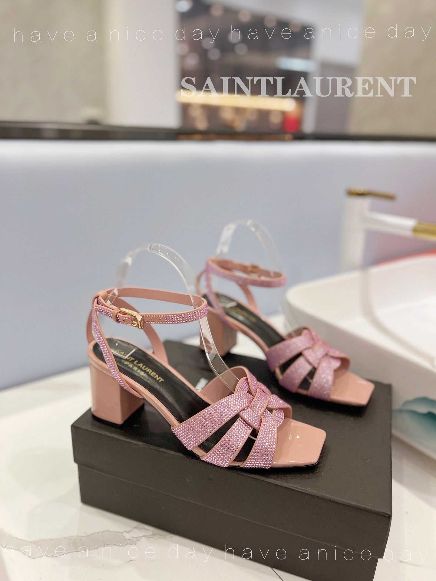 SL TRIBUTE CRYSTAL SANDALS PASTEL PINK CALFSKIN