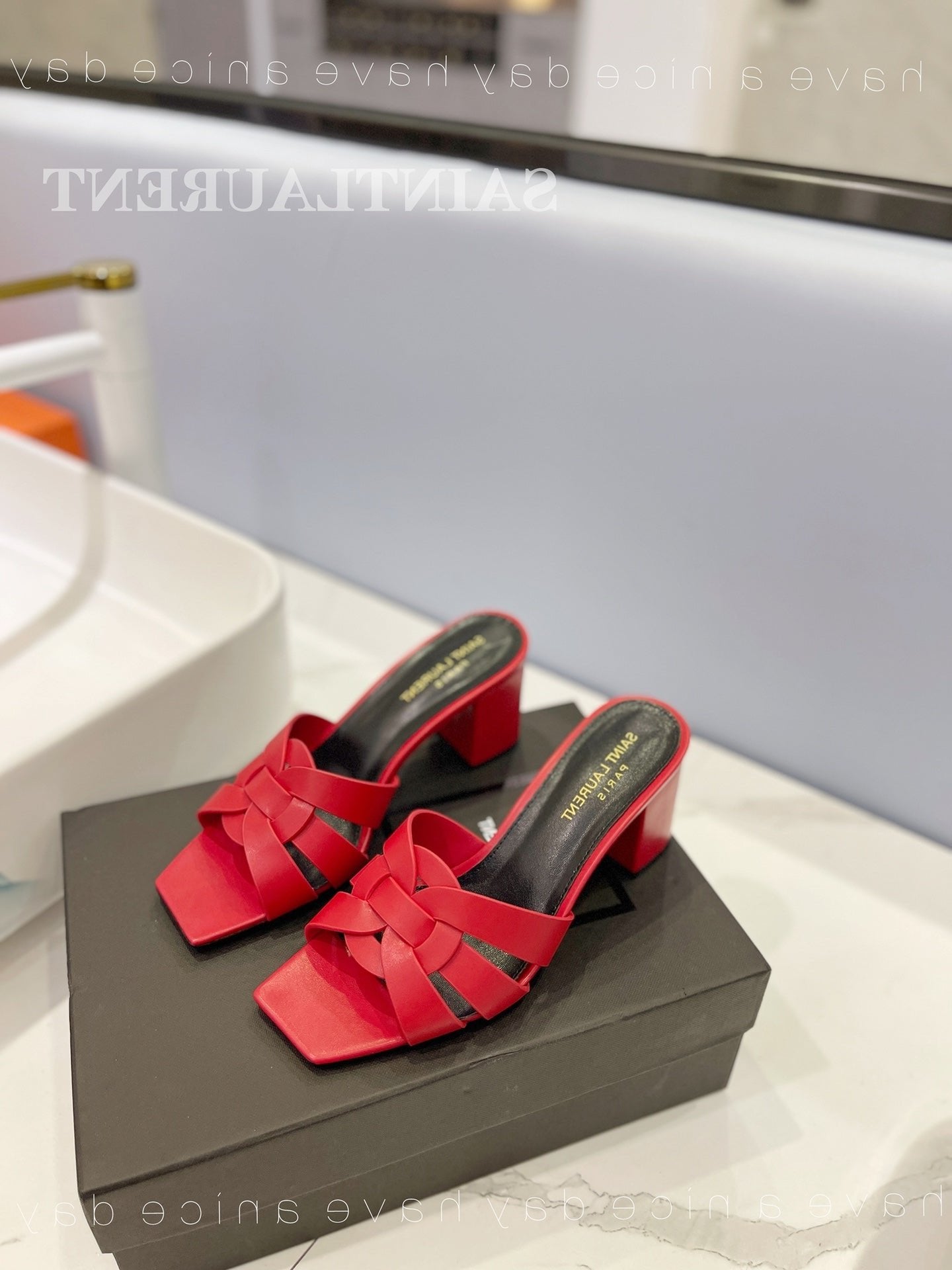 SL TRIBUTE MULES RED CALFSKIN