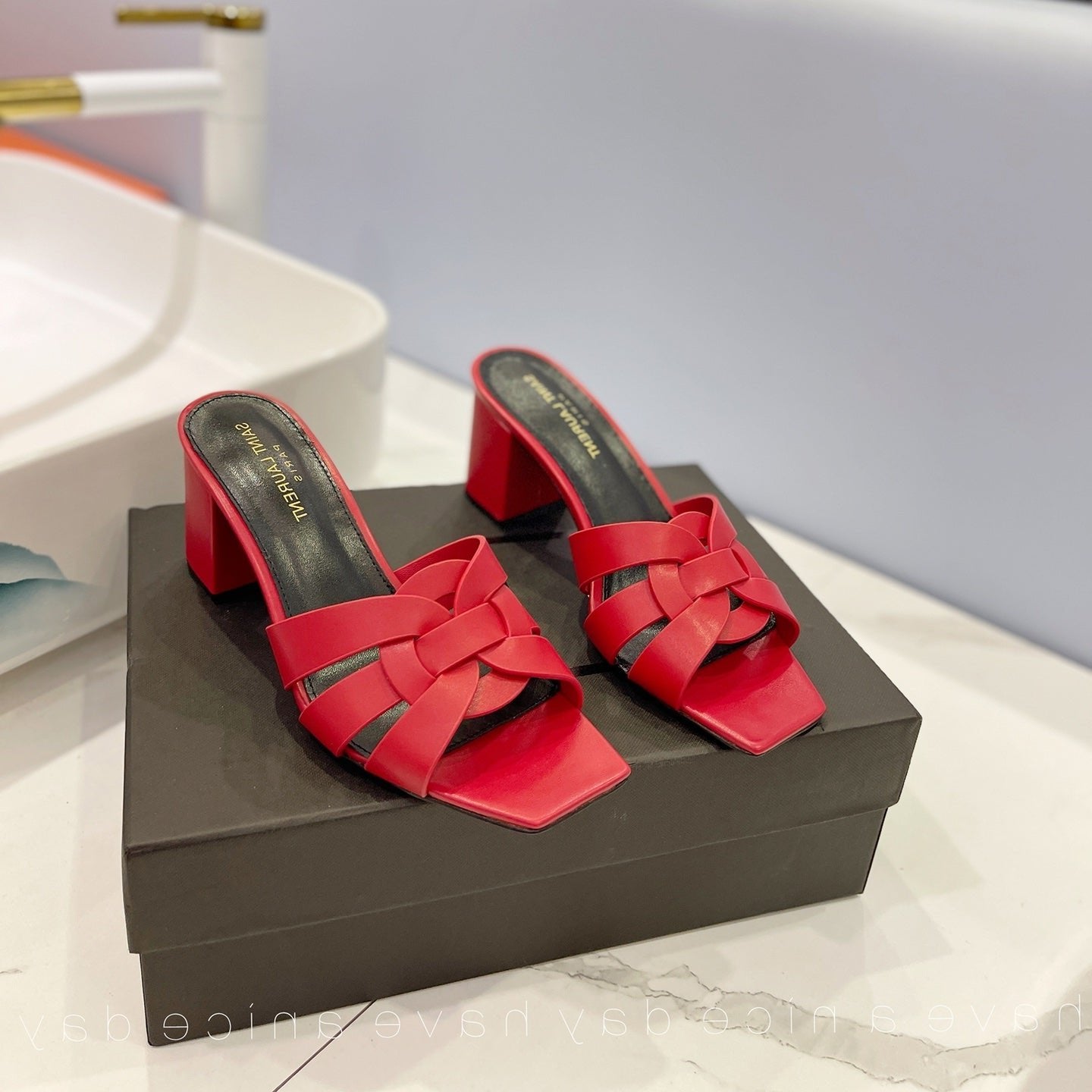 SL TRIBUTE MULES RED CALFSKIN