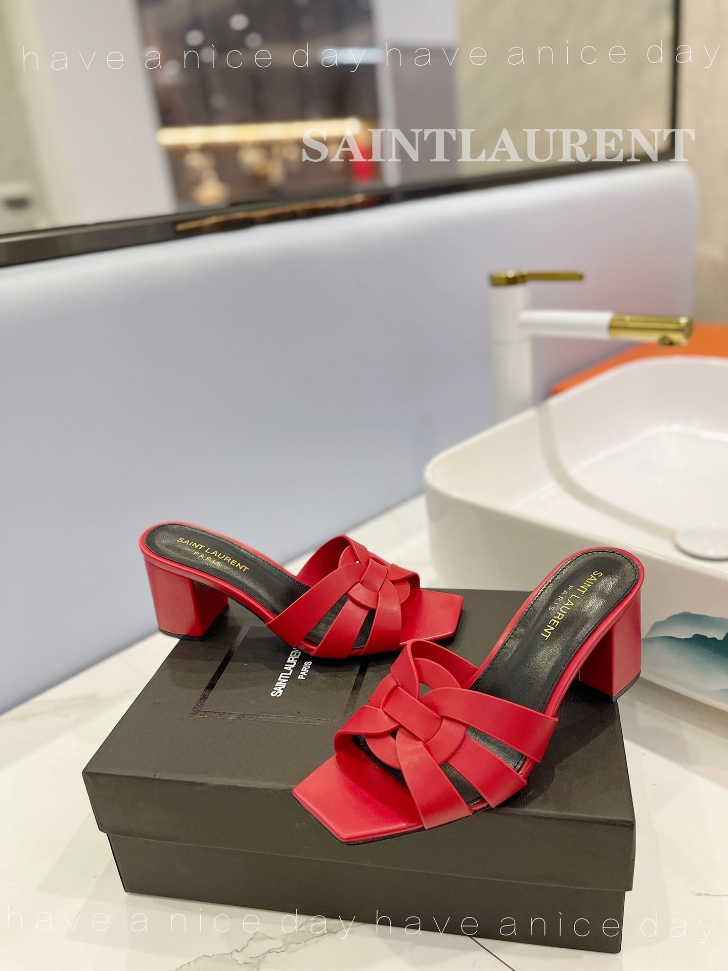 SL TRIBUTE MULES RED CALFSKIN