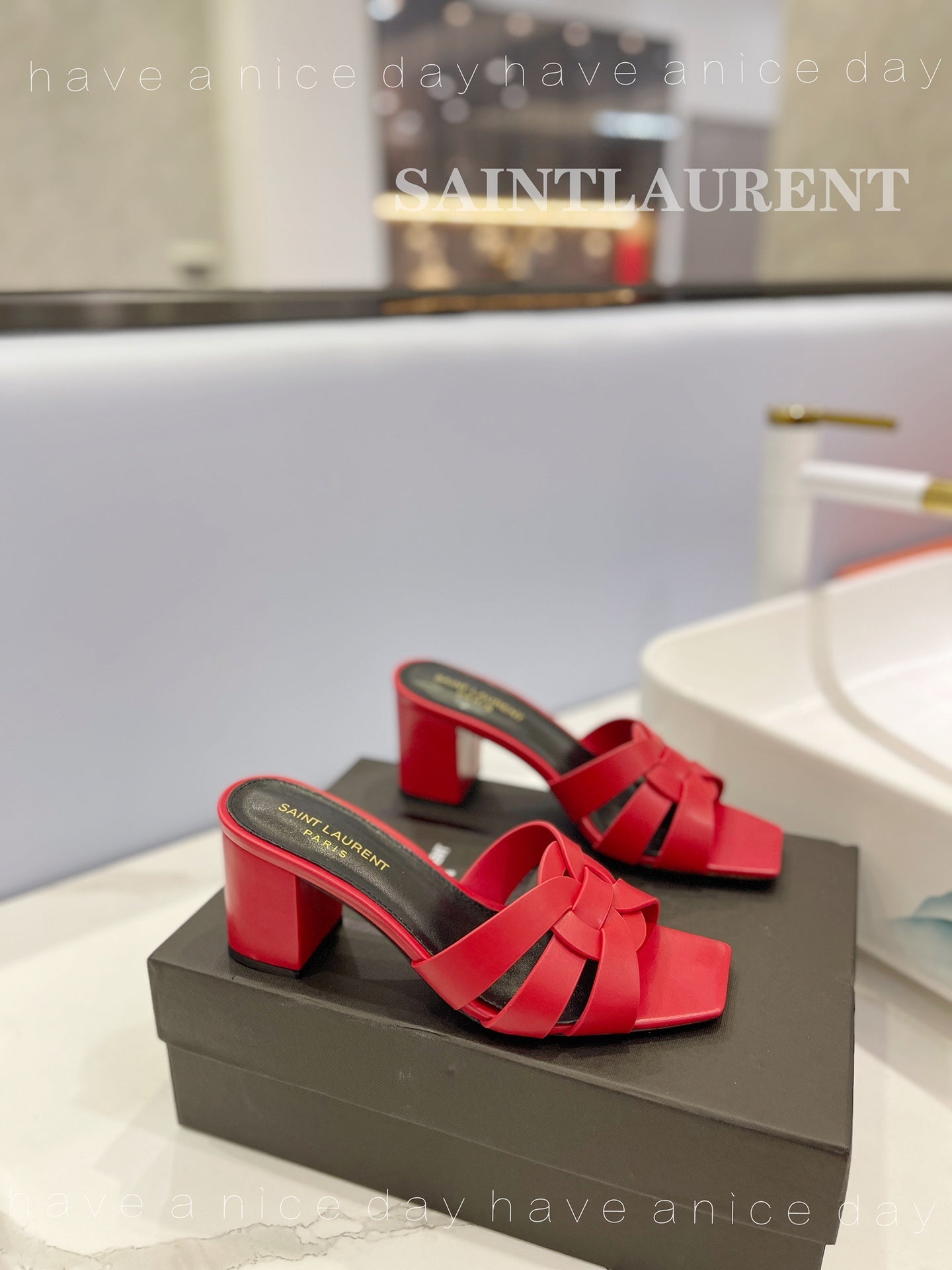 SL TRIBUTE MULES RED CALFSKIN