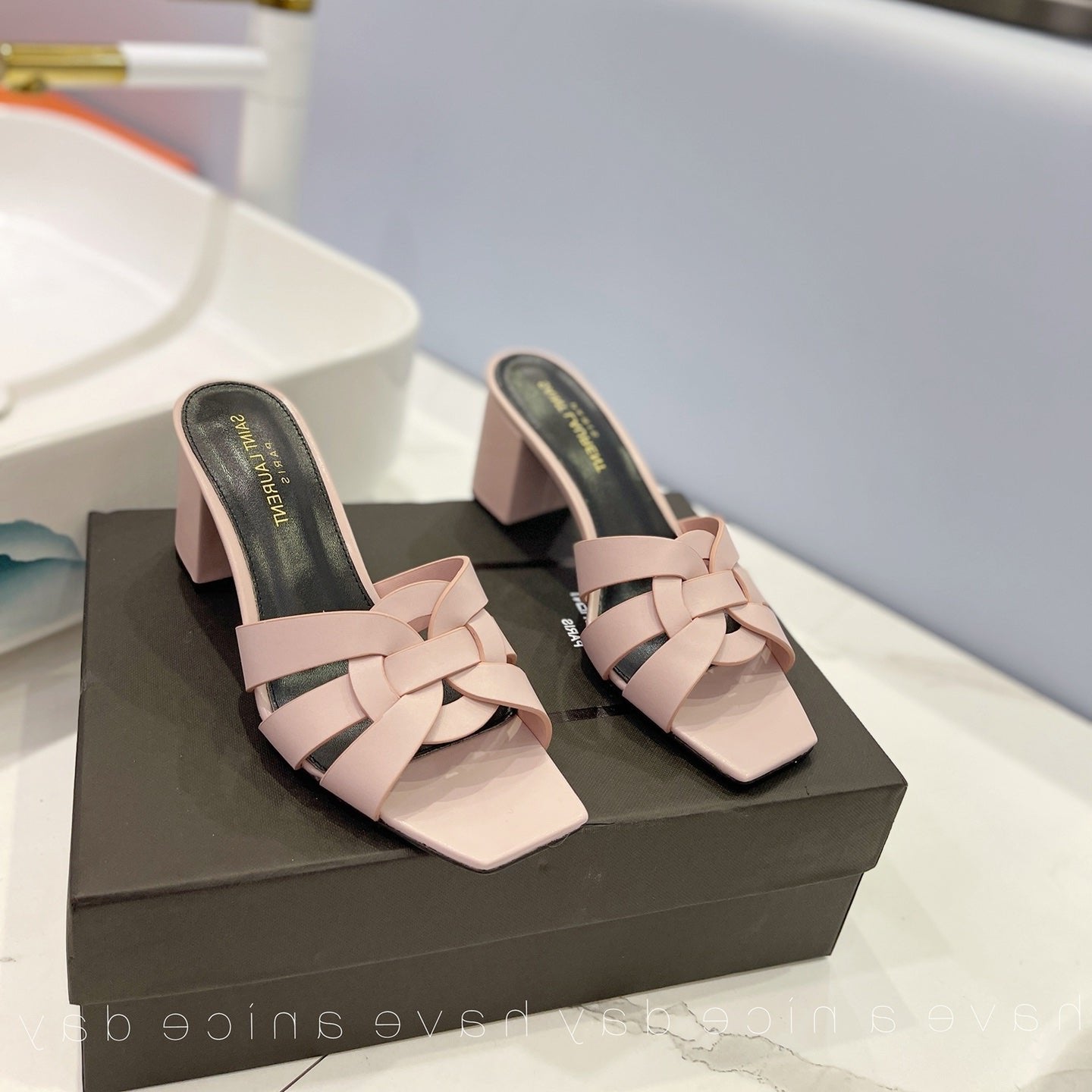 SL TRIBUTE MULES PASTEL PINK CALFSKIN