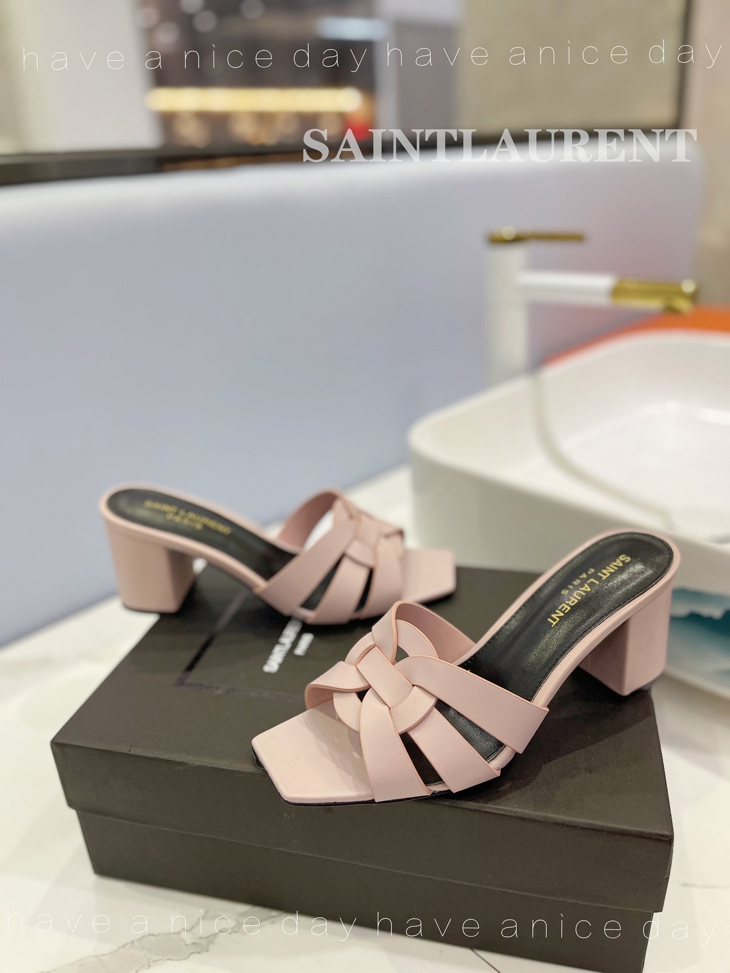 SL TRIBUTE MULES PASTEL PINK CALFSKIN