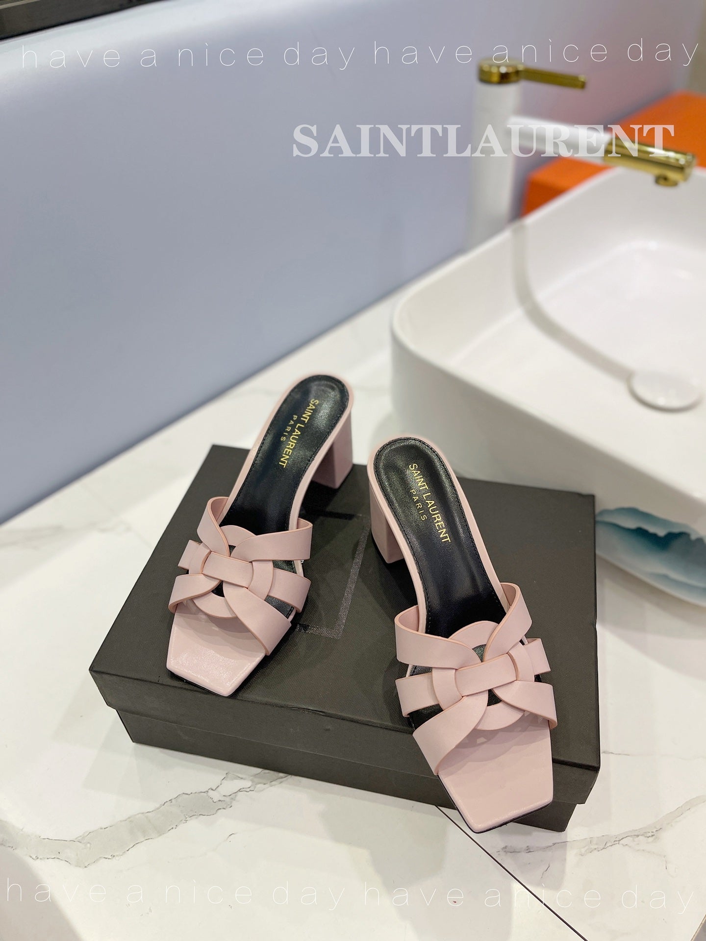 SL TRIBUTE MULES PASTEL PINK CALFSKIN