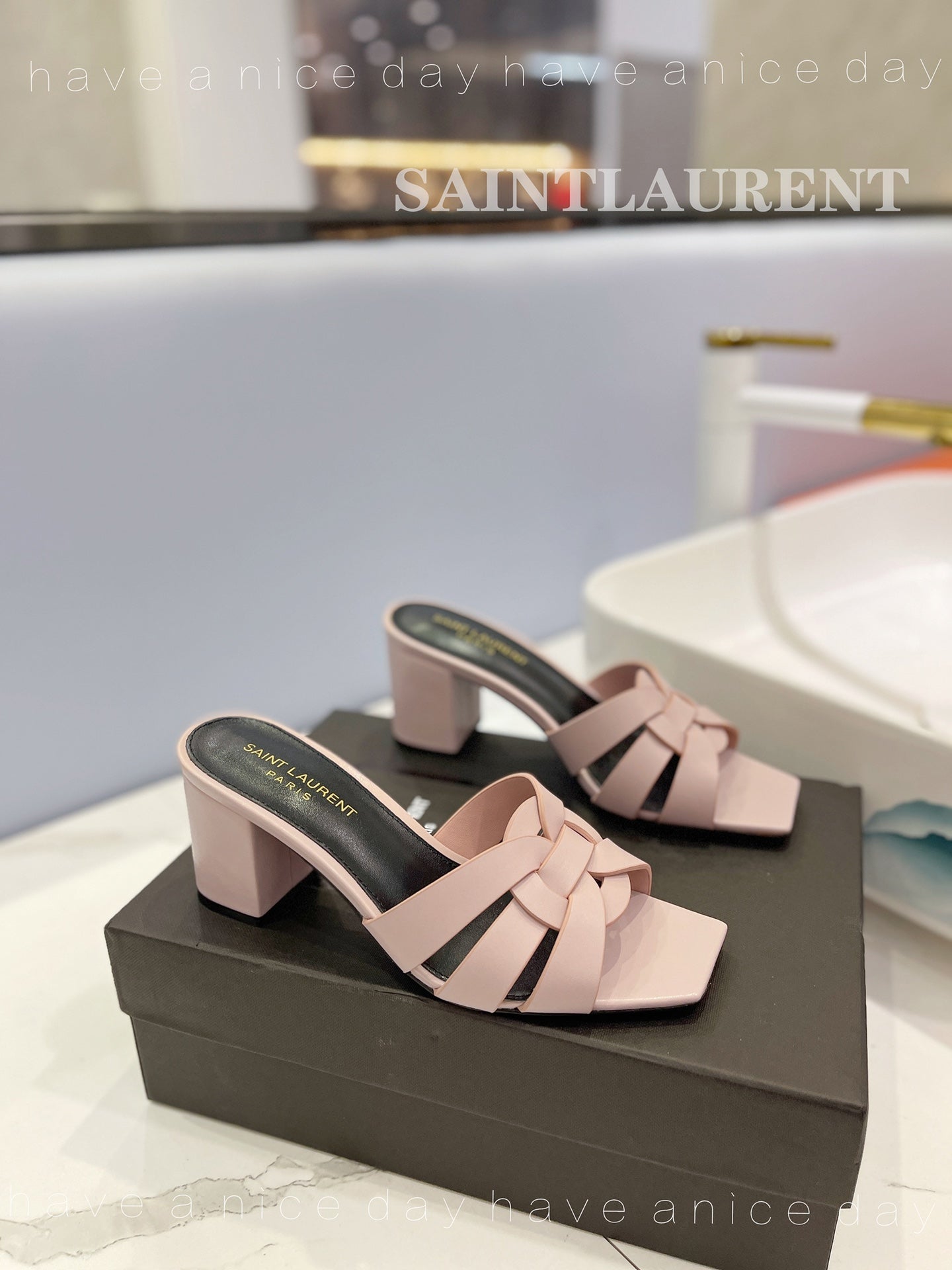 SL TRIBUTE MULES PASTEL PINK CALFSKIN