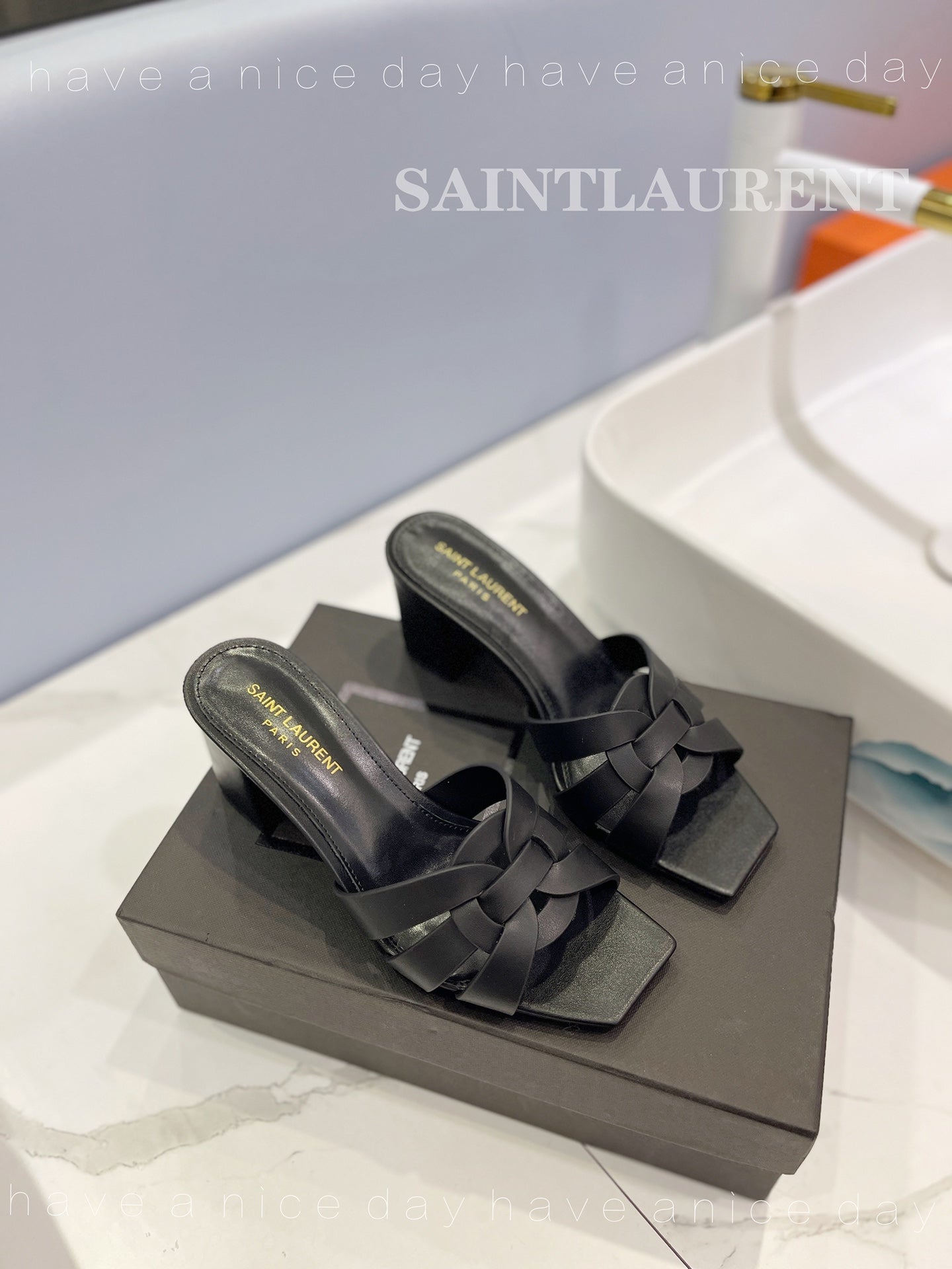 SL TRIBUTE MULES BLACK CALFSKIN