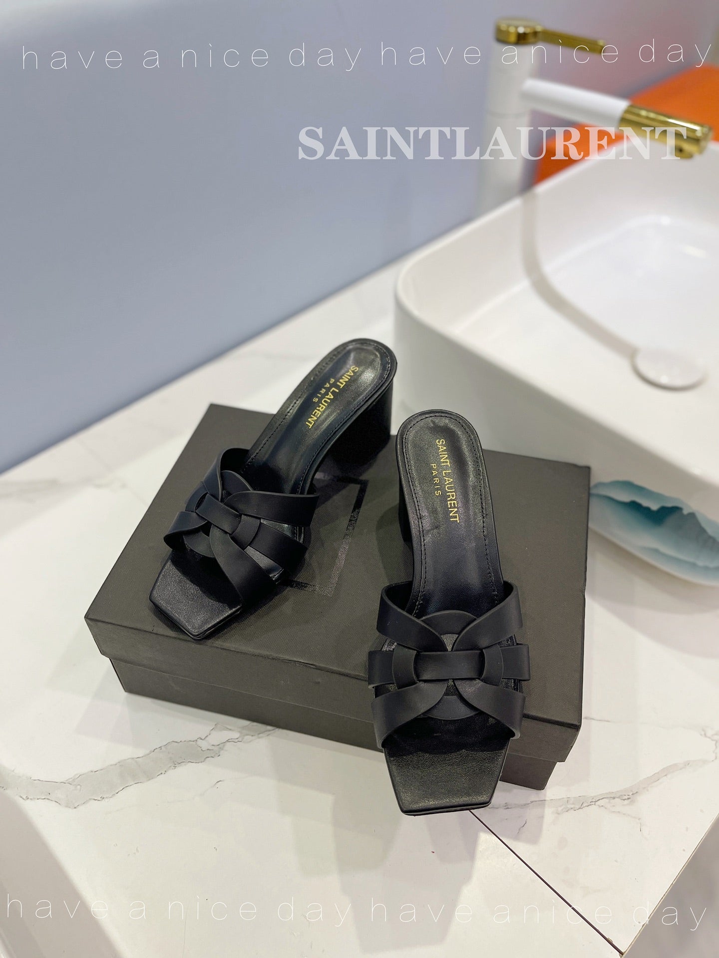 SL TRIBUTE MULES BLACK CALFSKIN