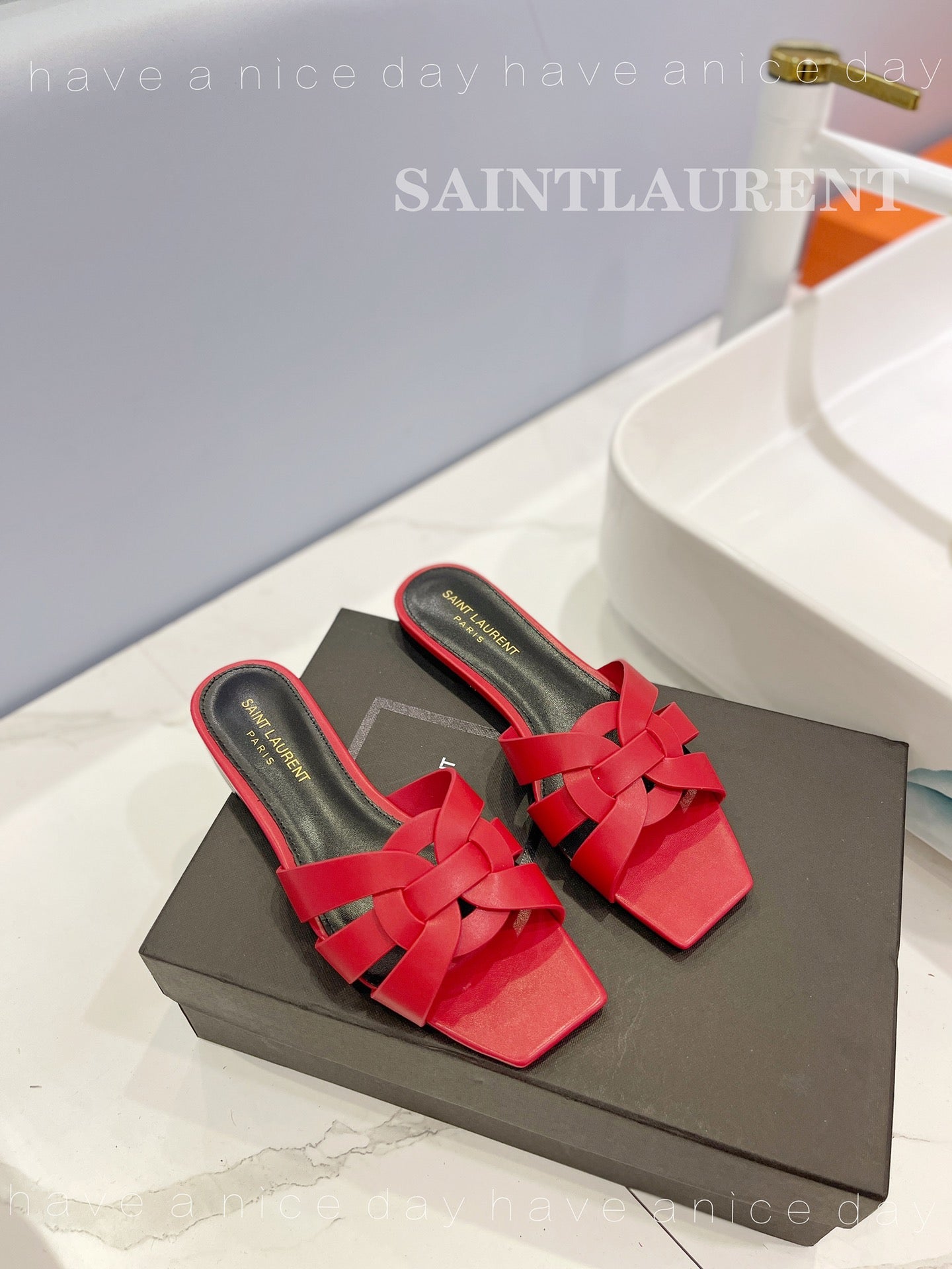 SL TRIBUTE SLIPPERS RED CALFSKIN