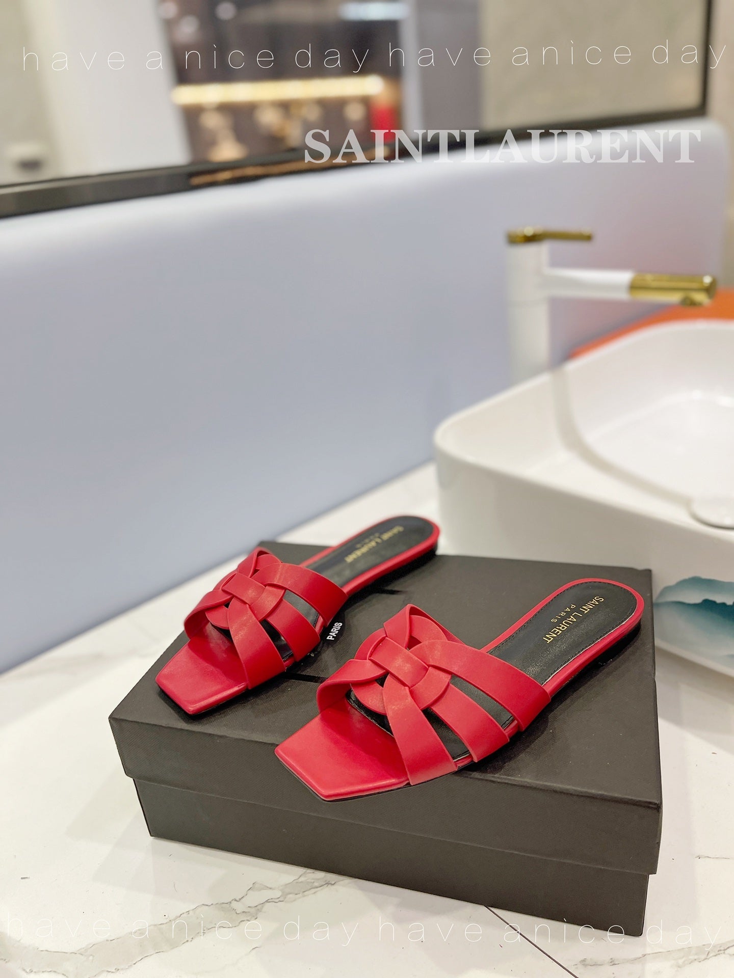 SL TRIBUTE SLIPPERS RED CALFSKIN