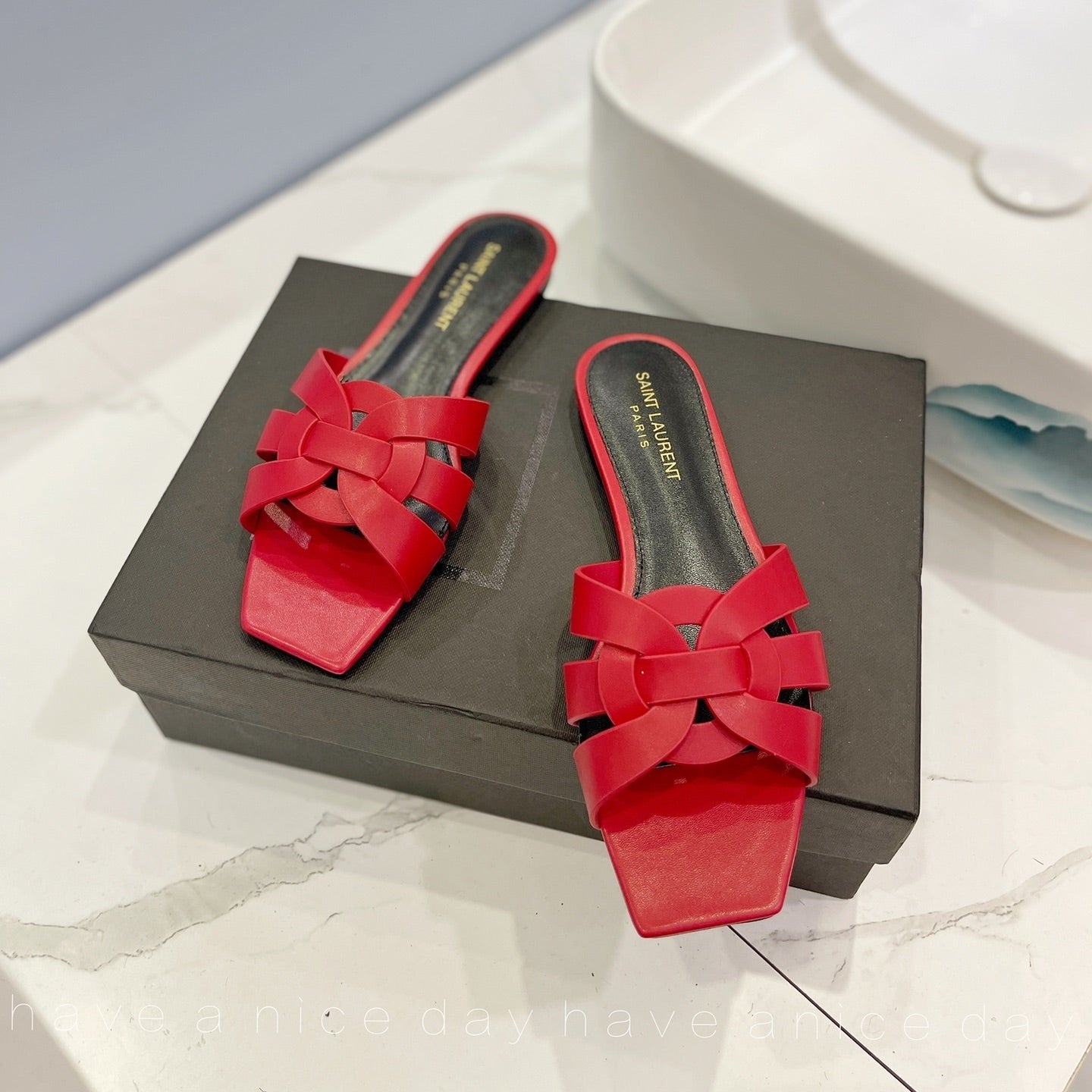 SL TRIBUTE SLIPPERS RED CALFSKIN