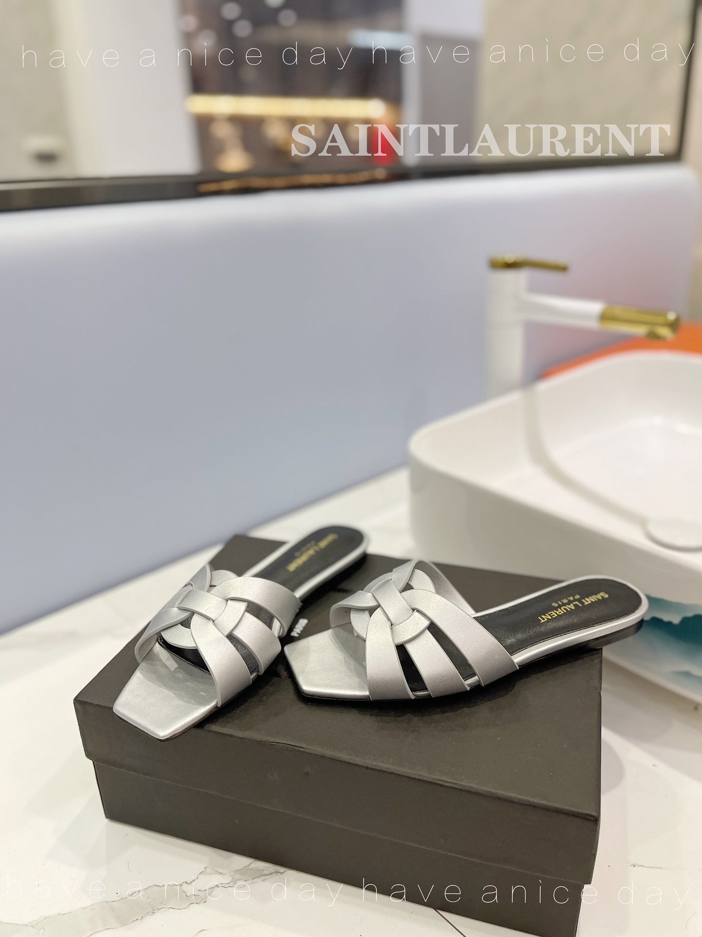 SL TRIBUTE SLIPPERS SILVER CALFSKIN