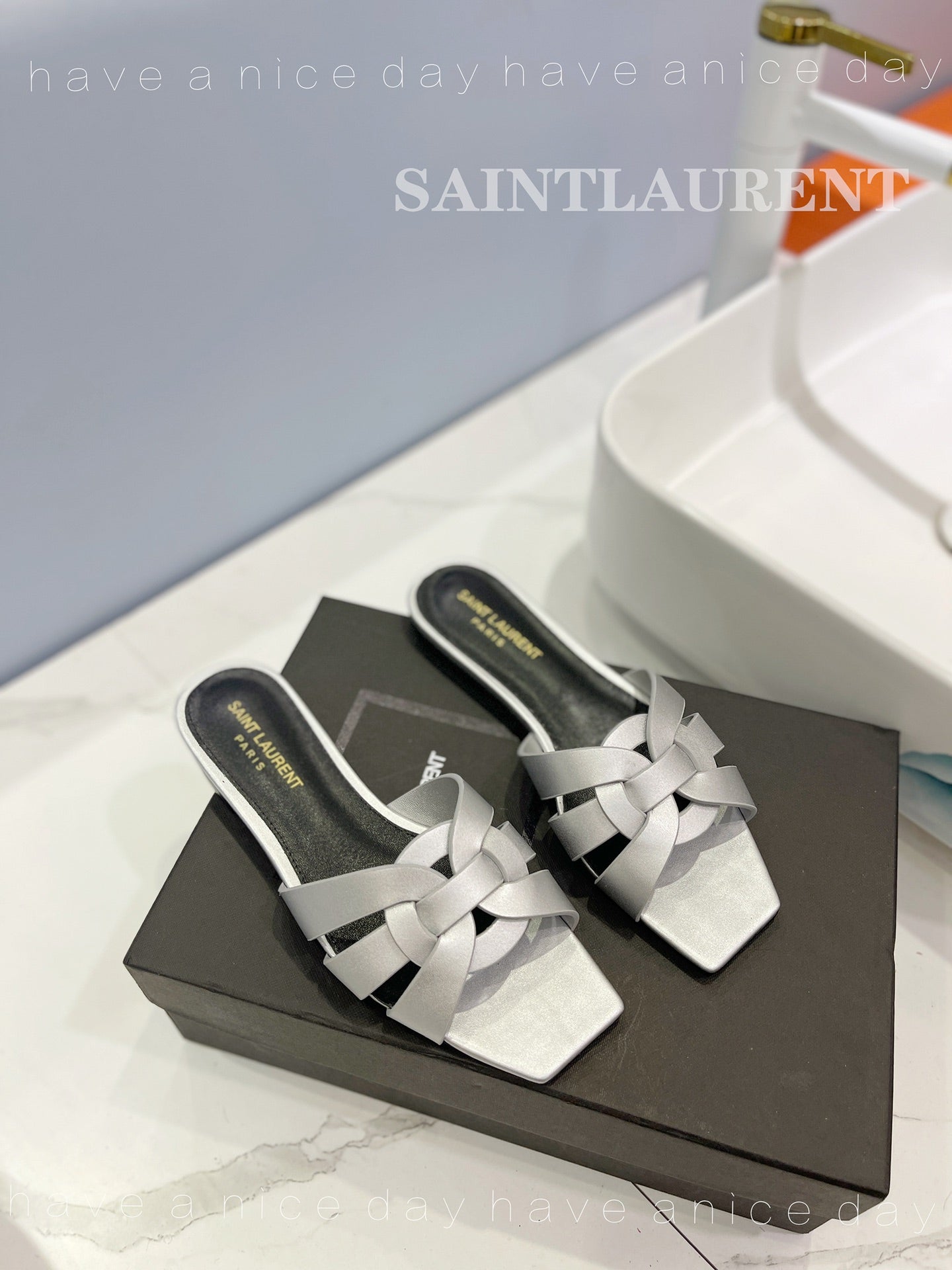 SL TRIBUTE SLIPPERS SILVER CALFSKIN