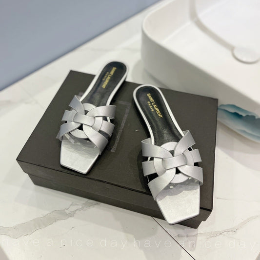 SL TRIBUTE SLIPPERS SILVER CALFSKIN