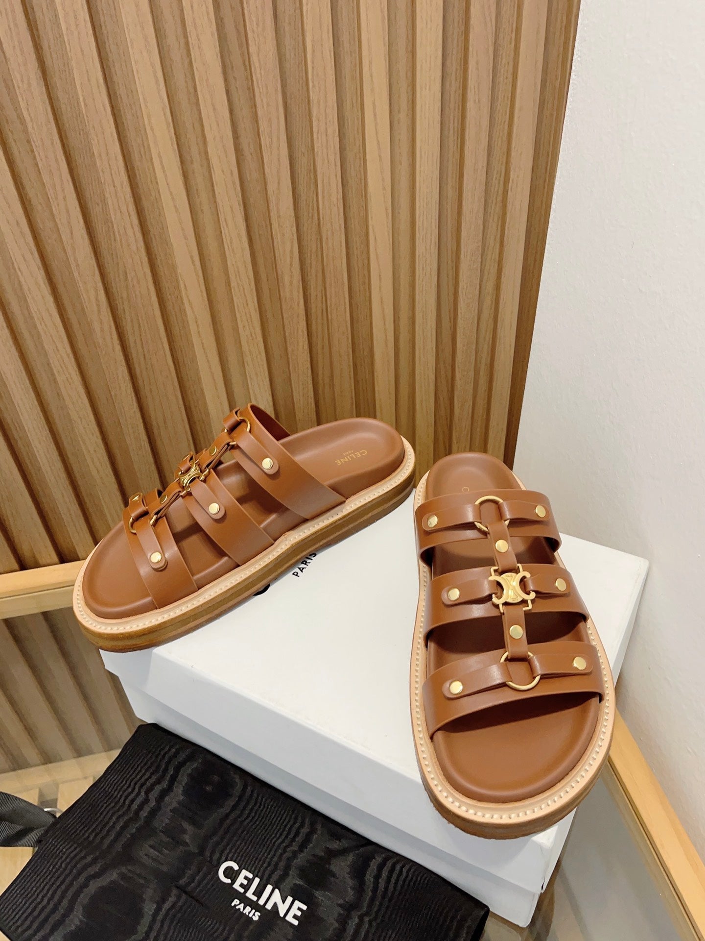 tippi slide sandal brown calfskin