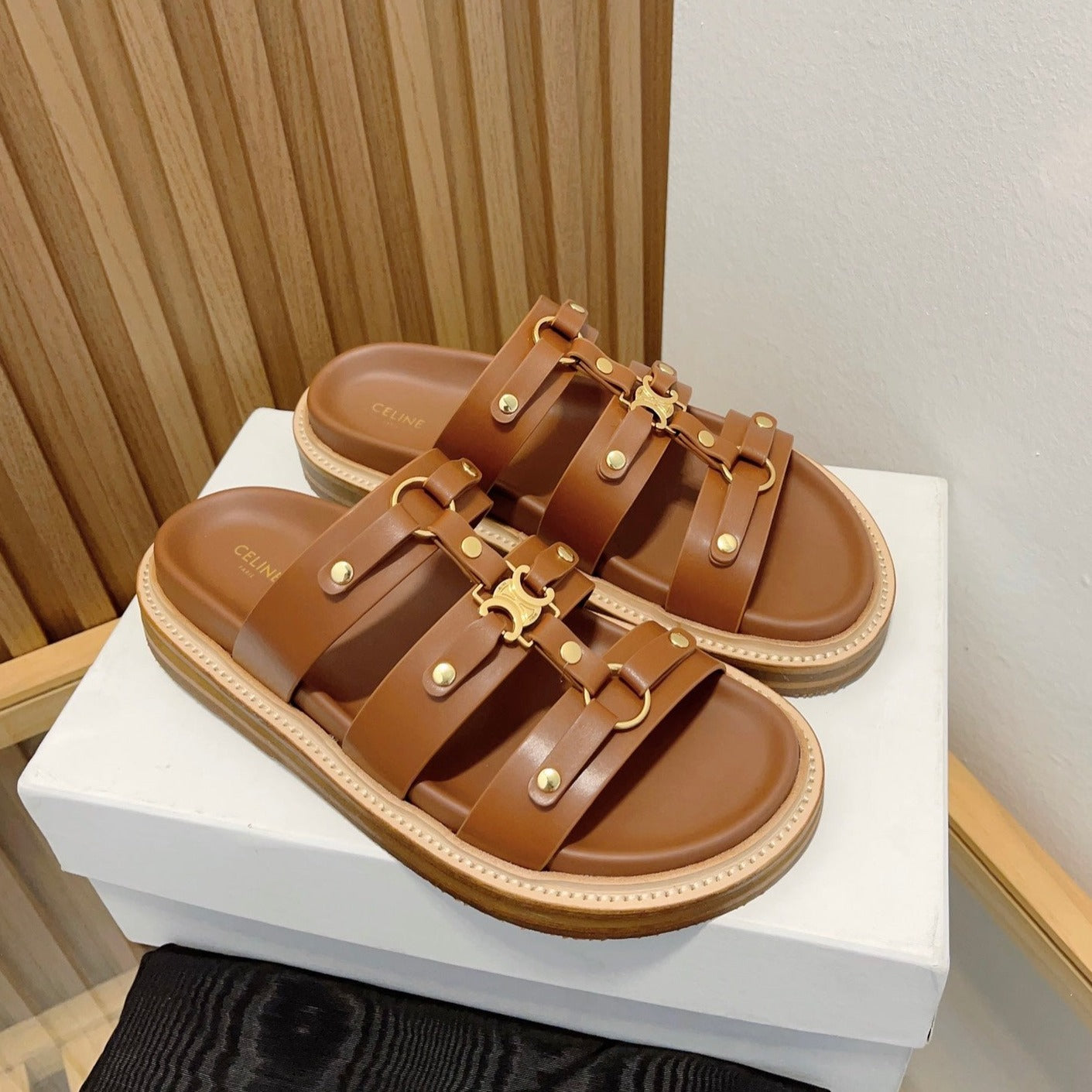 tippi slide sandal brown calfskin