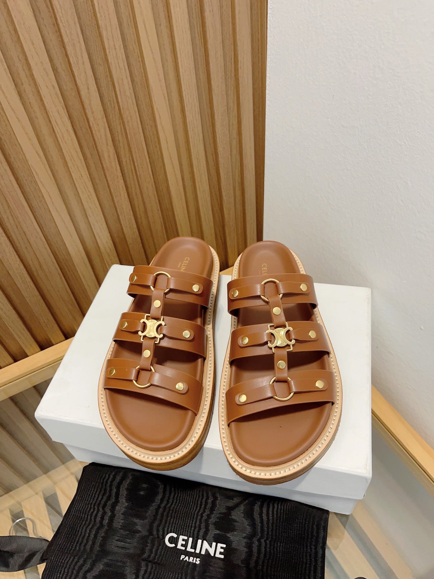 tippi slide sandal brown calfskin