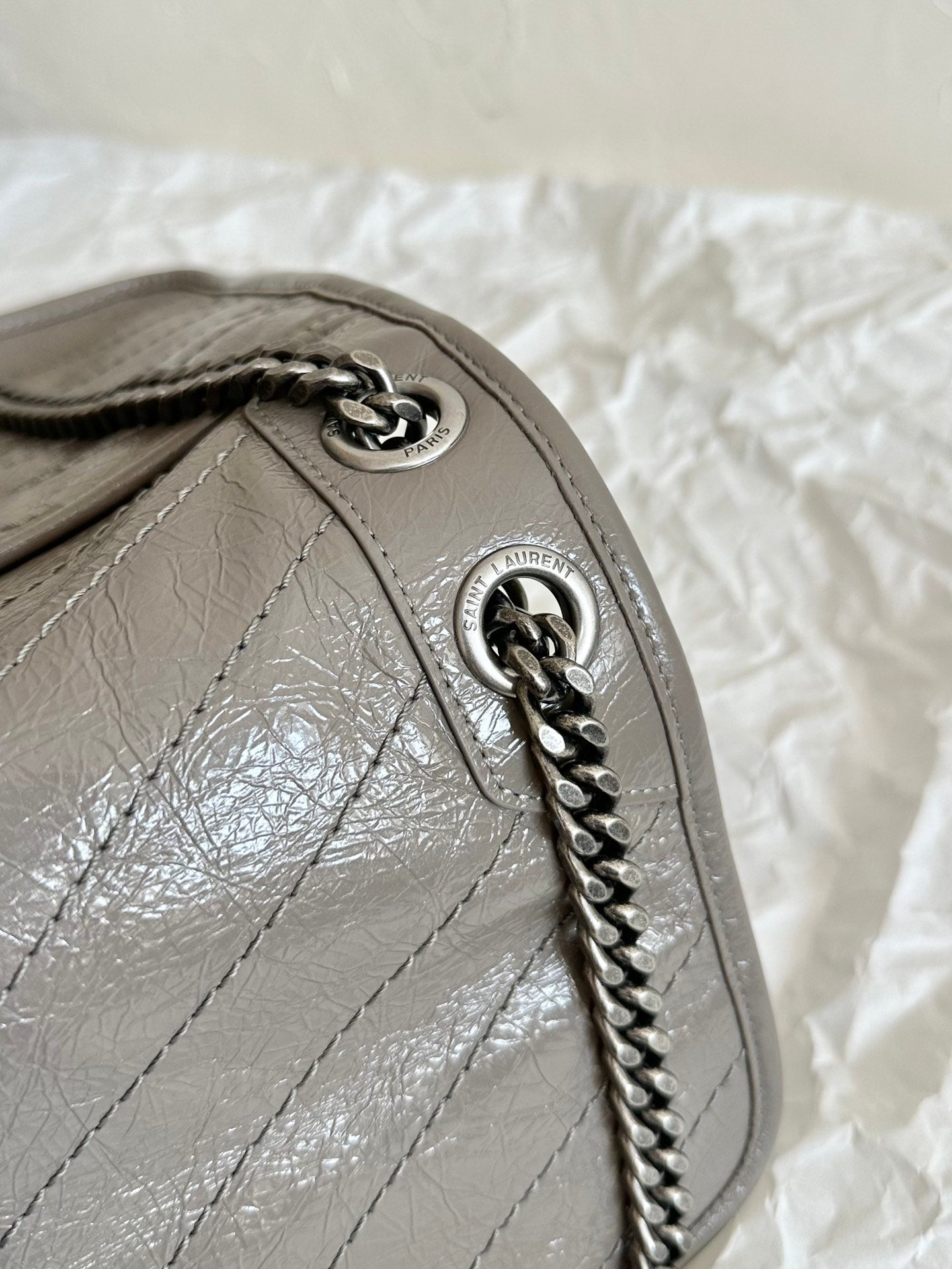 YSL Niki Medium Bag 28cm Grey Crinkled Vintage Leather