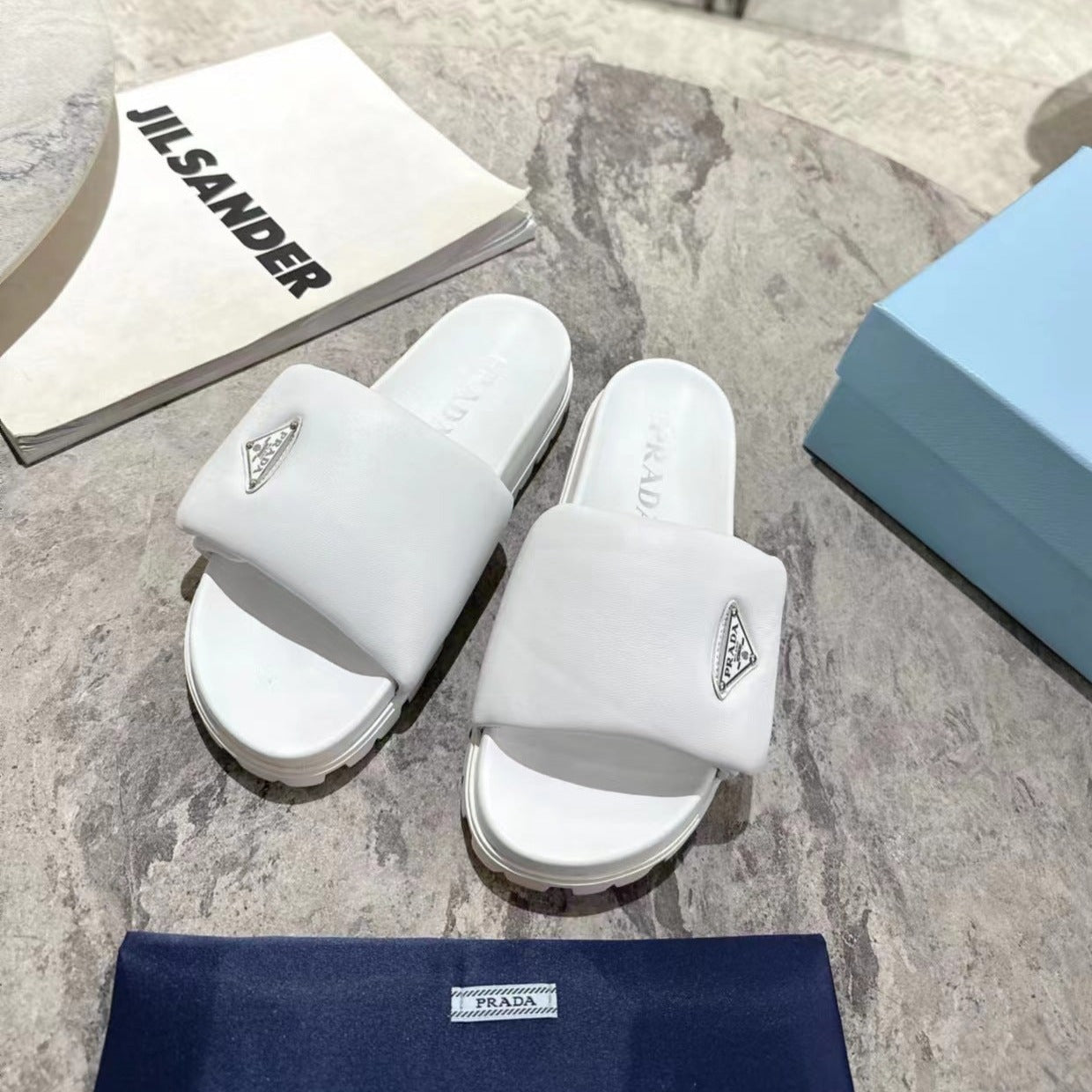 PRA SHEARLING SLIDES WHITE LAMBSKIN