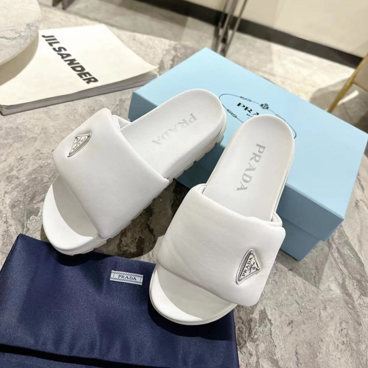 PRA SHEARLING SLIDES WHITE LAMBSKIN