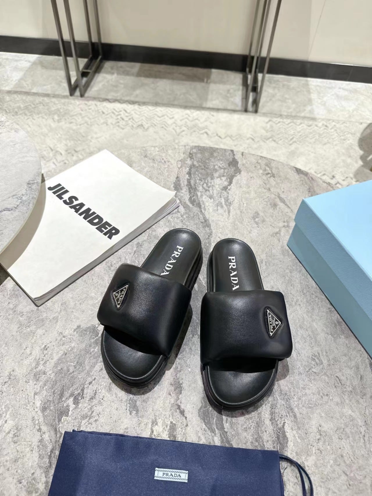 PRA SHEARLING SLIDES BLACK LAMBSKIN