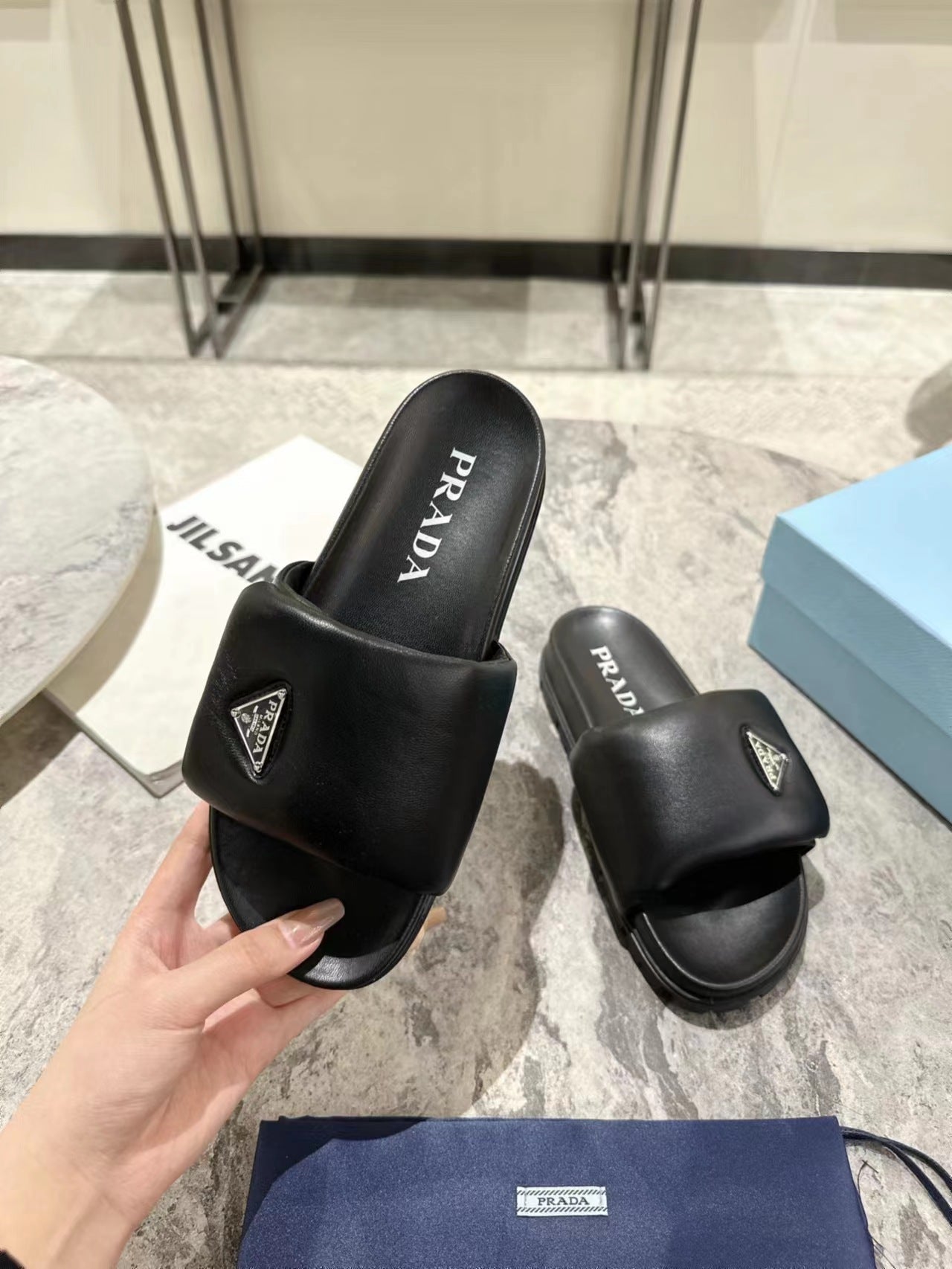 PRA SHEARLING SLIDES BLACK LAMBSKIN