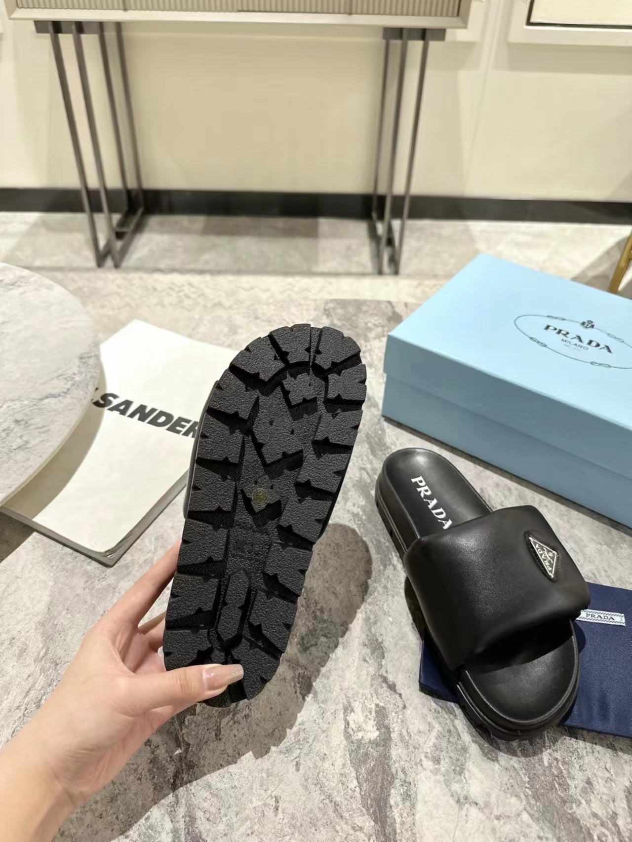 PRA SHEARLING SLIDES BLACK LAMBSKIN