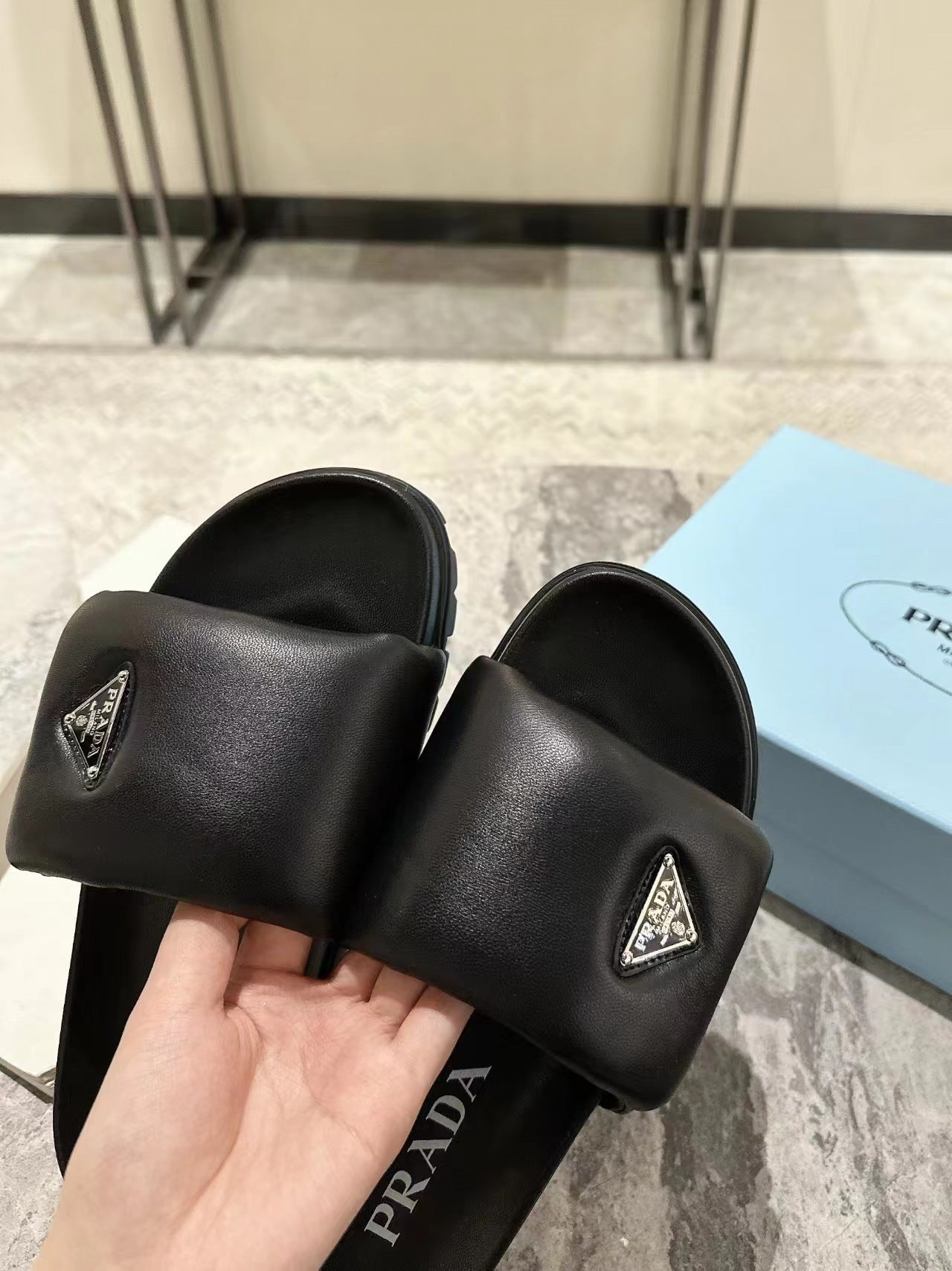 PRA SHEARLING SLIDES BLACK LAMBSKIN