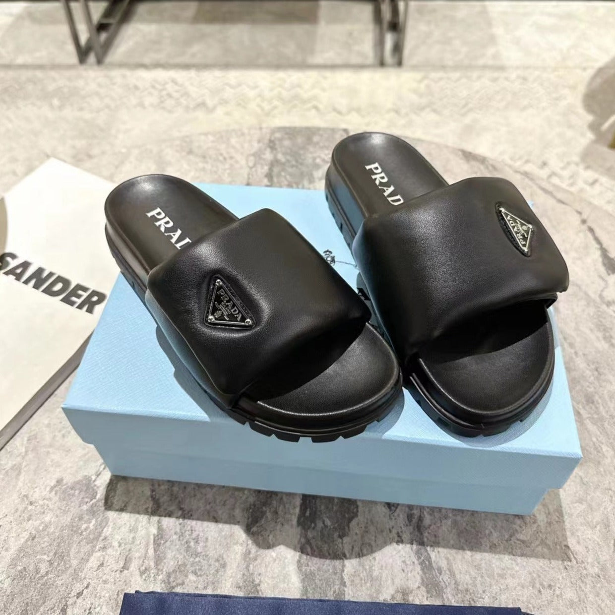 PRA SHEARLING SLIDES BLACK LAMBSKIN