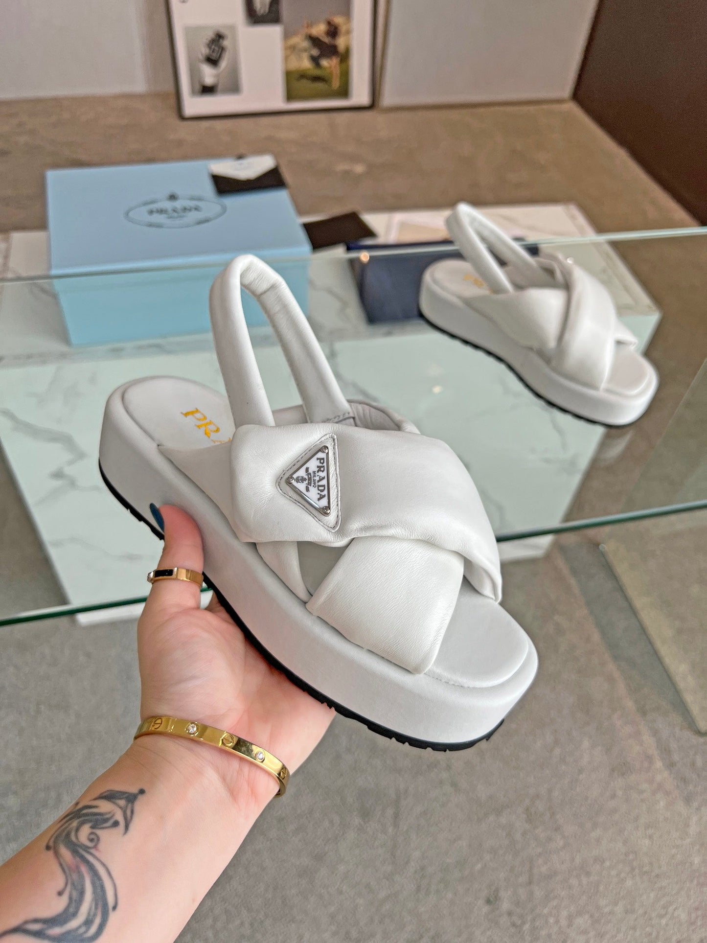 PRA PADDED NAPPA CRISSCROSS SANDALS WHITE LAMBSKIN