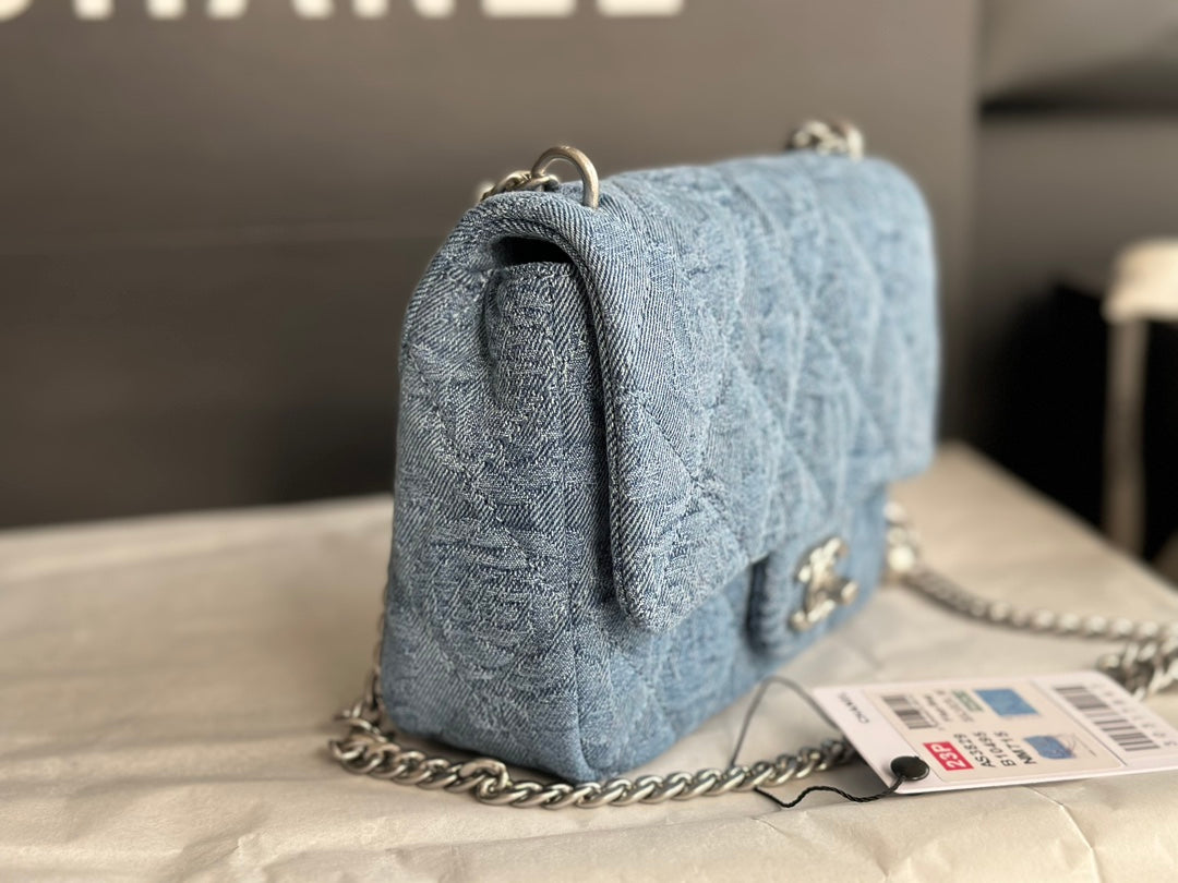 cc flap bag 14cm blue denim silver hardware