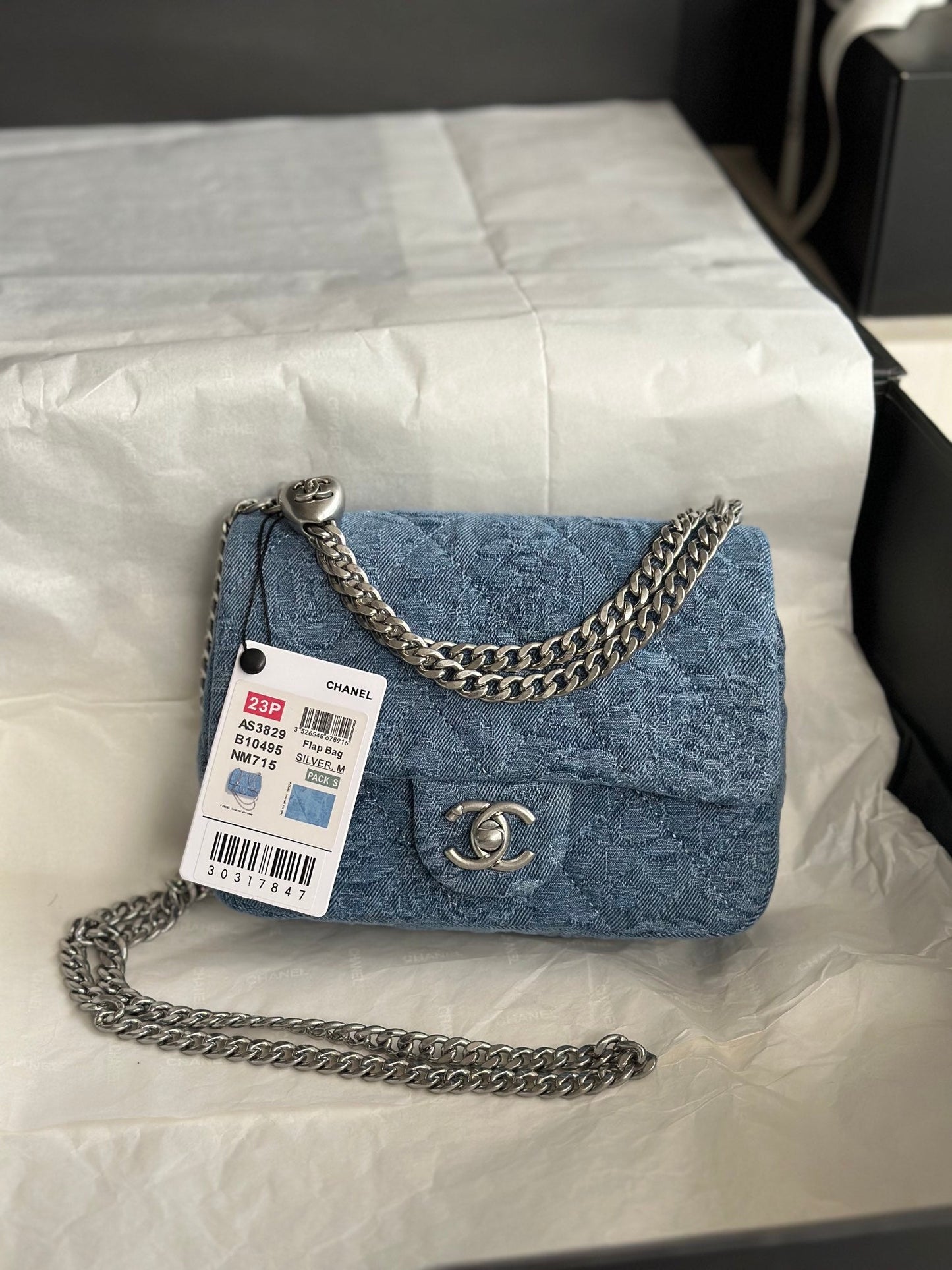 cc flap bag 14cm blue denim silver hardware