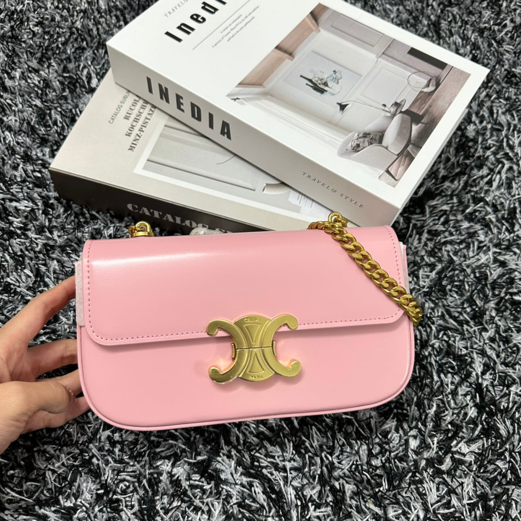 TRIPHOME 20 PINK PASTEL COWHIDE LEATHER CHAIN STRAP BAG