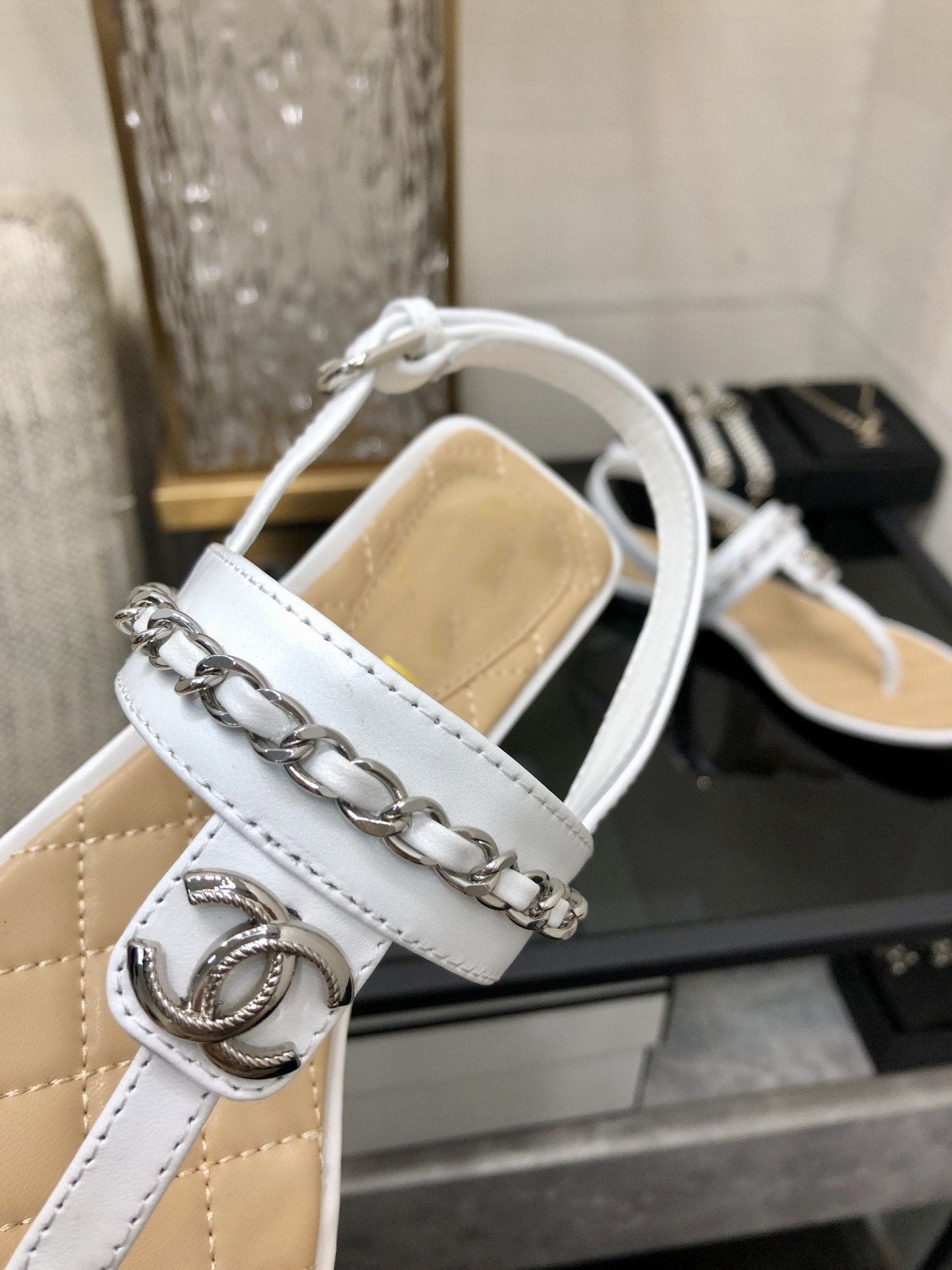 cc sandal white beige quilted lambskin