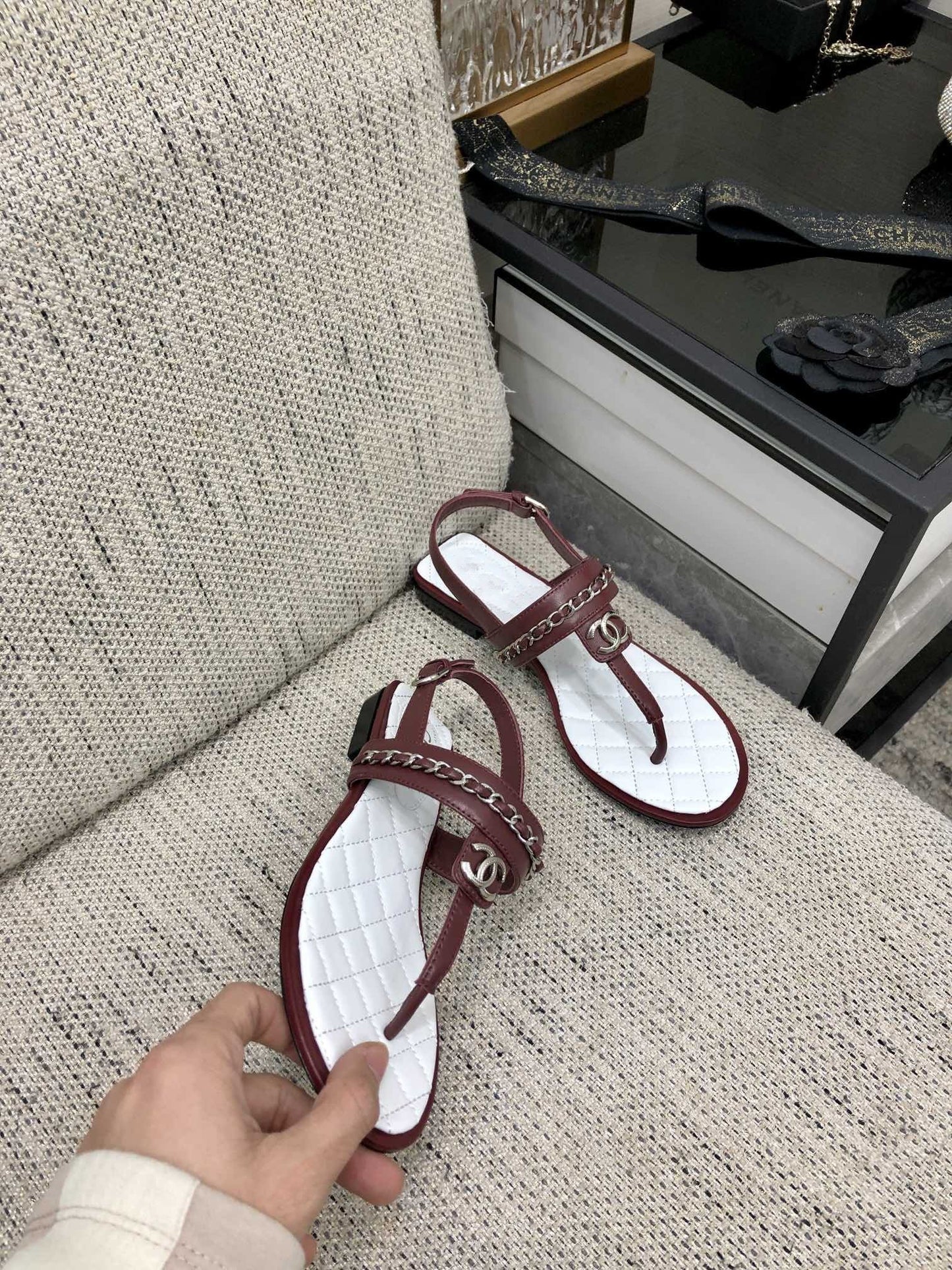 cc sandal burgundy white quilted lambskin