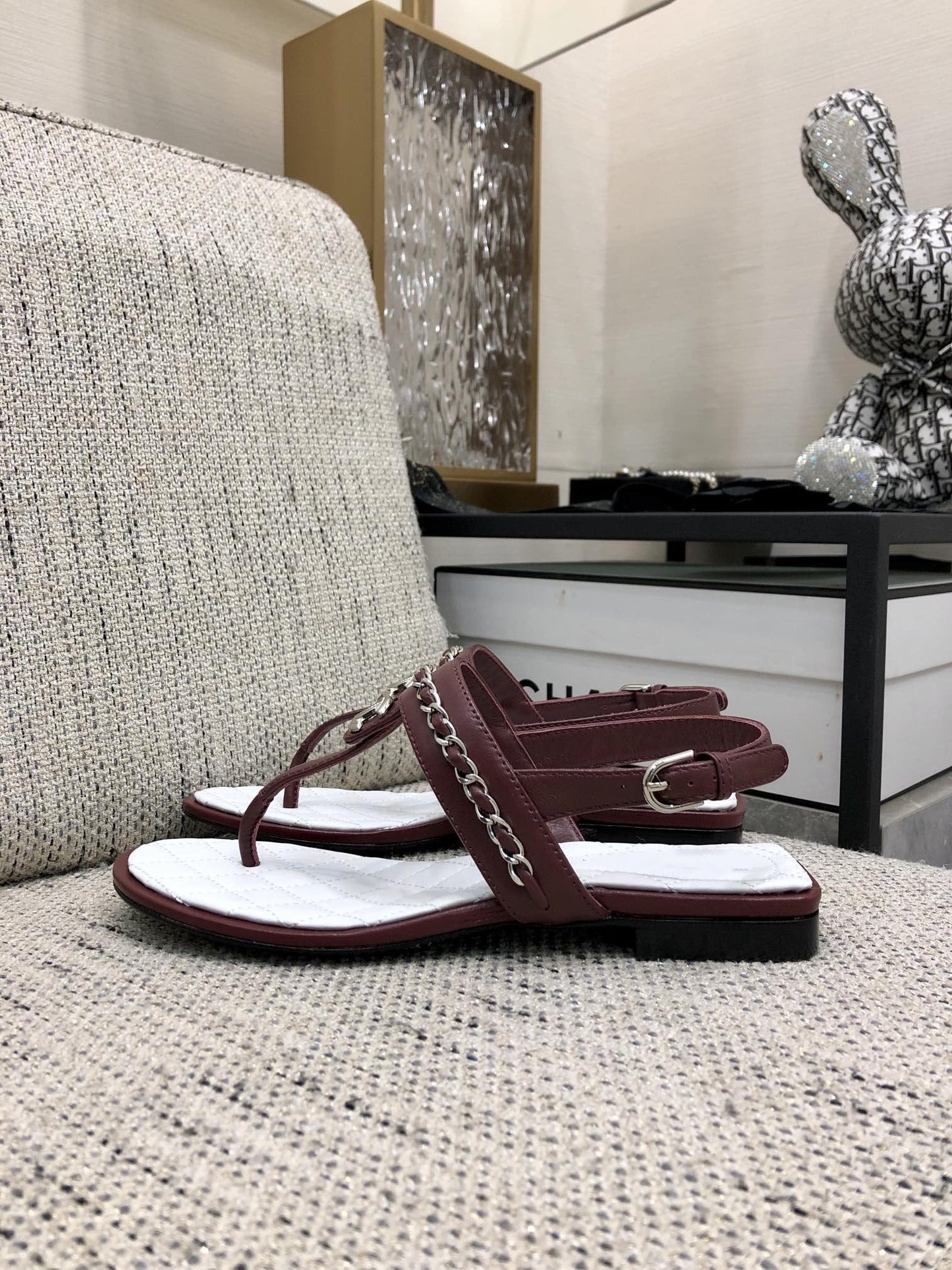 cc sandal burgundy white quilted lambskin