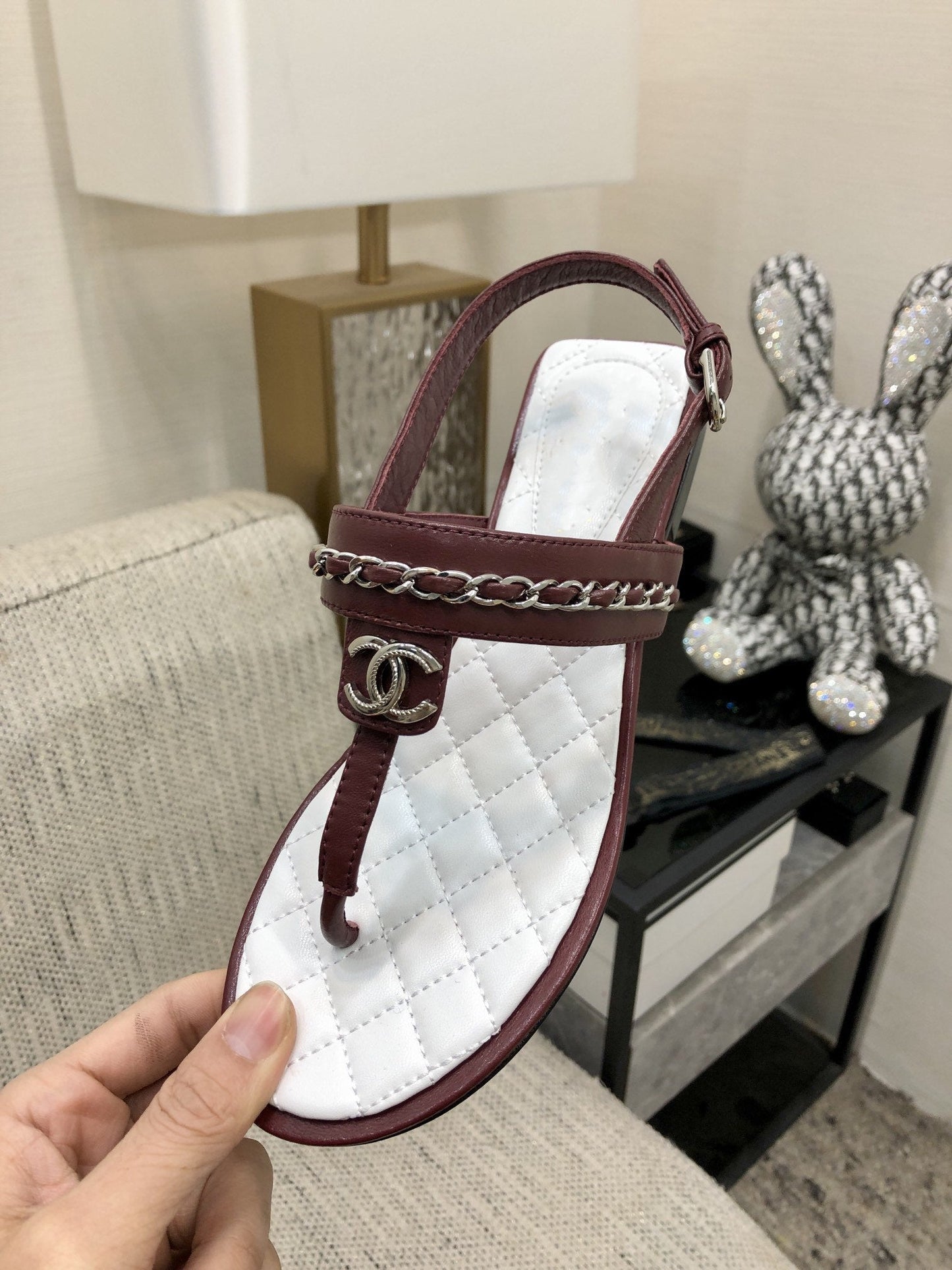 cc sandal burgundy white quilted lambskin