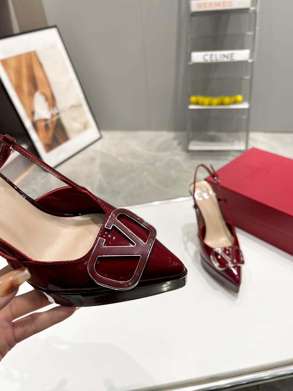 vlogo signature burgundy beige calfskin slingback platform pump 120mm