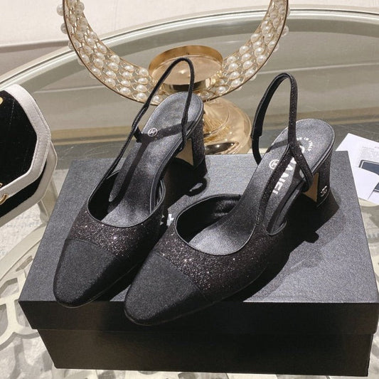 slingback 6.5 glitter black grosgrain