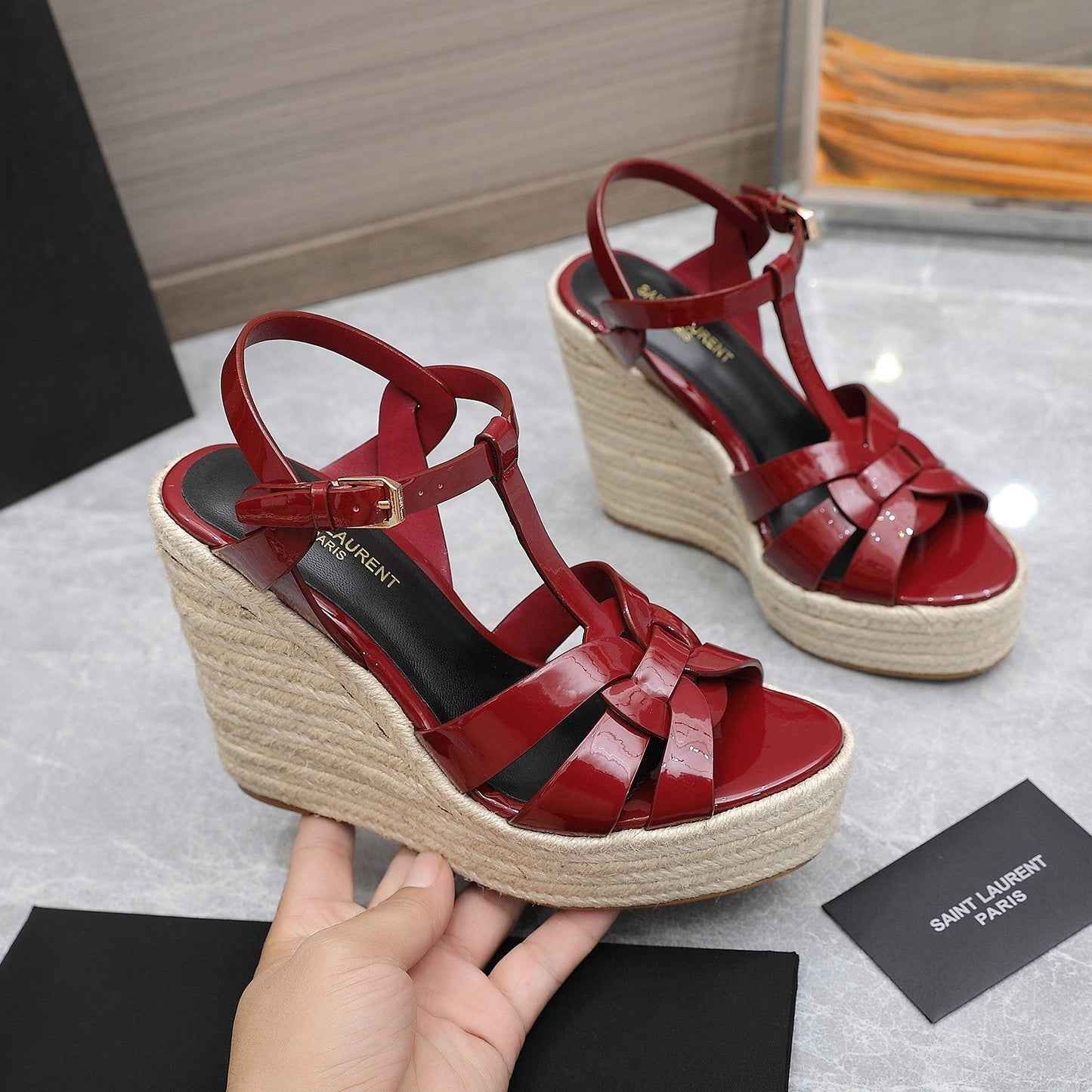 SL TRIBUTE WEDGE SANDALS BERRY POLISHED CALFSKIN