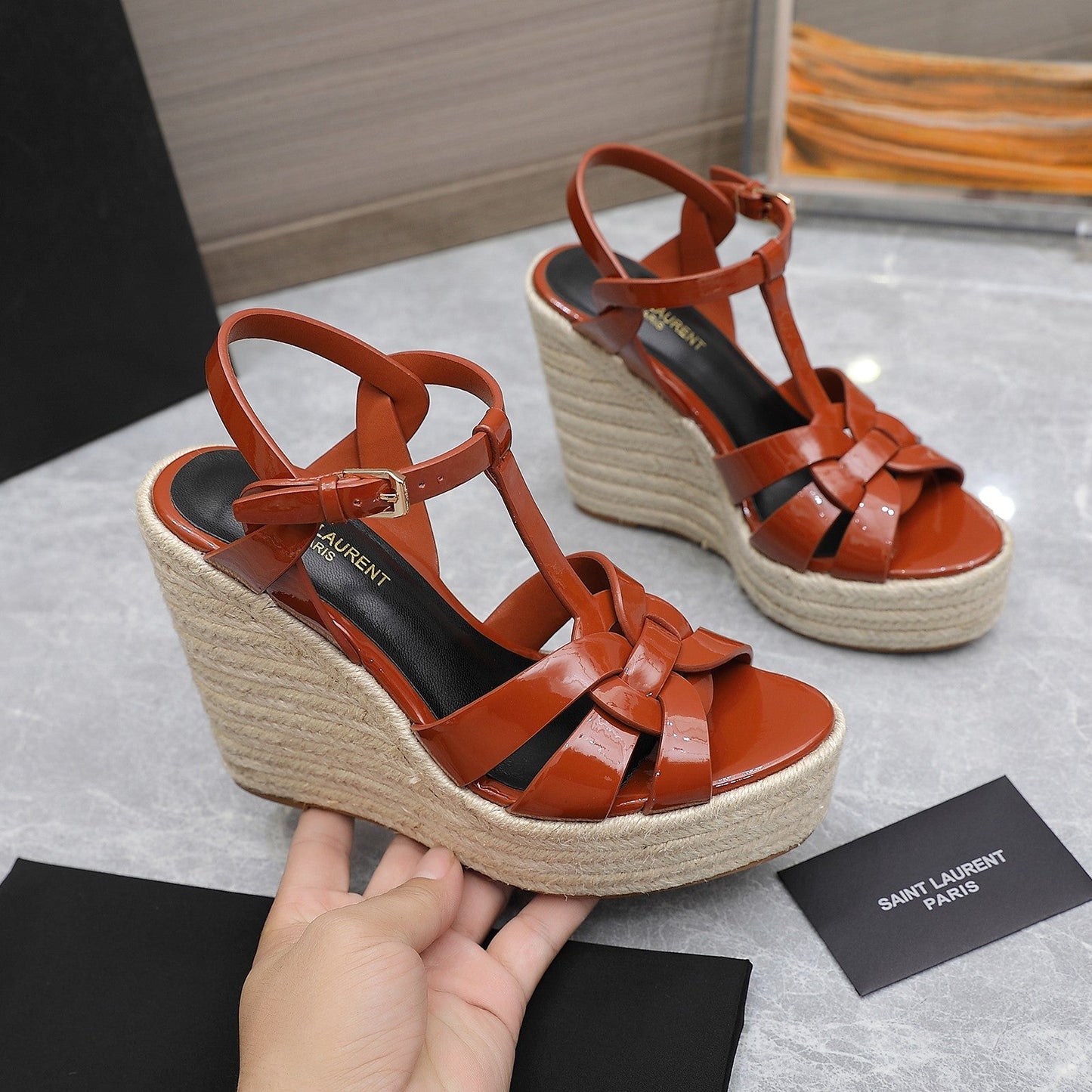 SL TRIBUTE WEDGE SANDALS BRICK POLISHED CALFSKIN