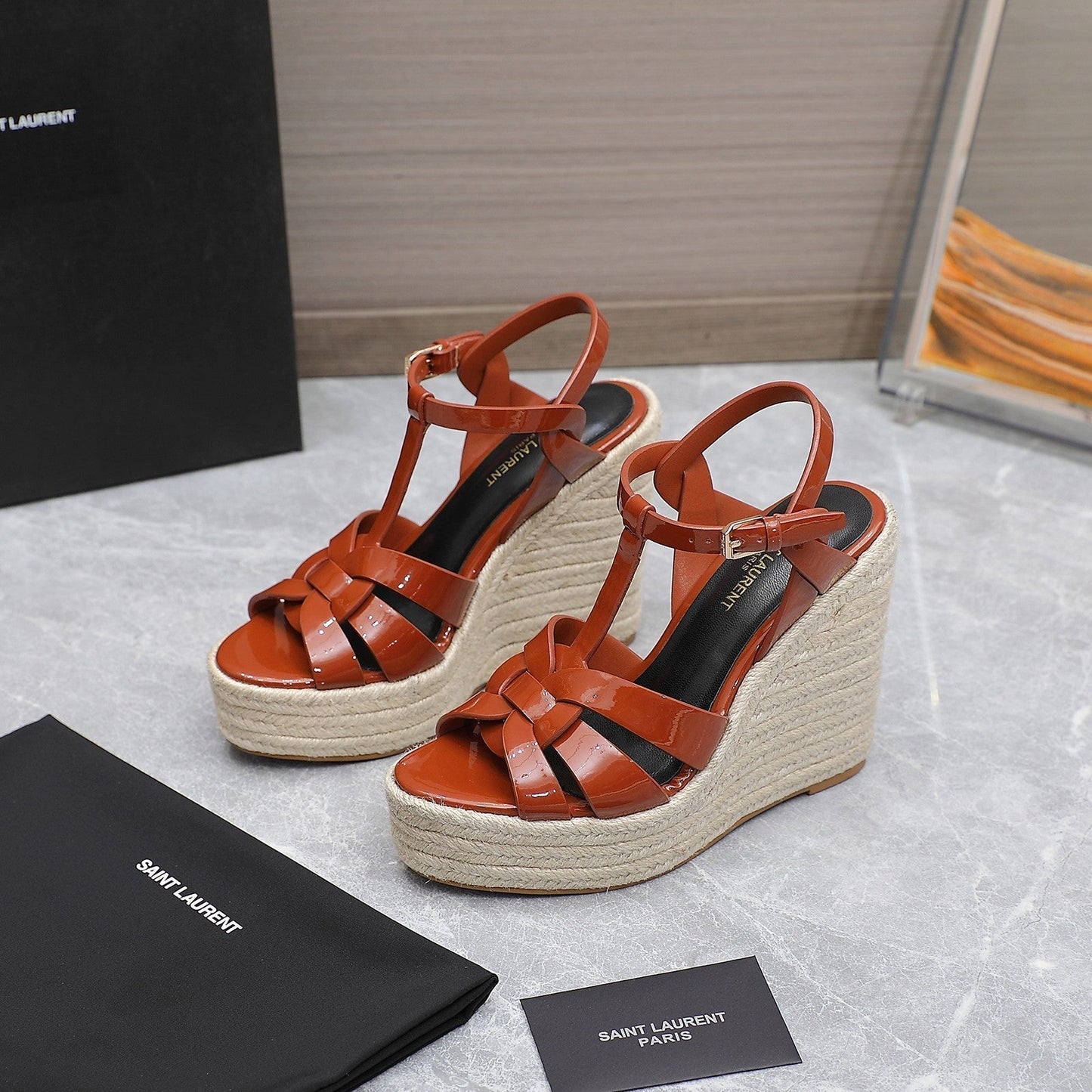 SL TRIBUTE WEDGE SANDALS BRICK POLISHED CALFSKIN