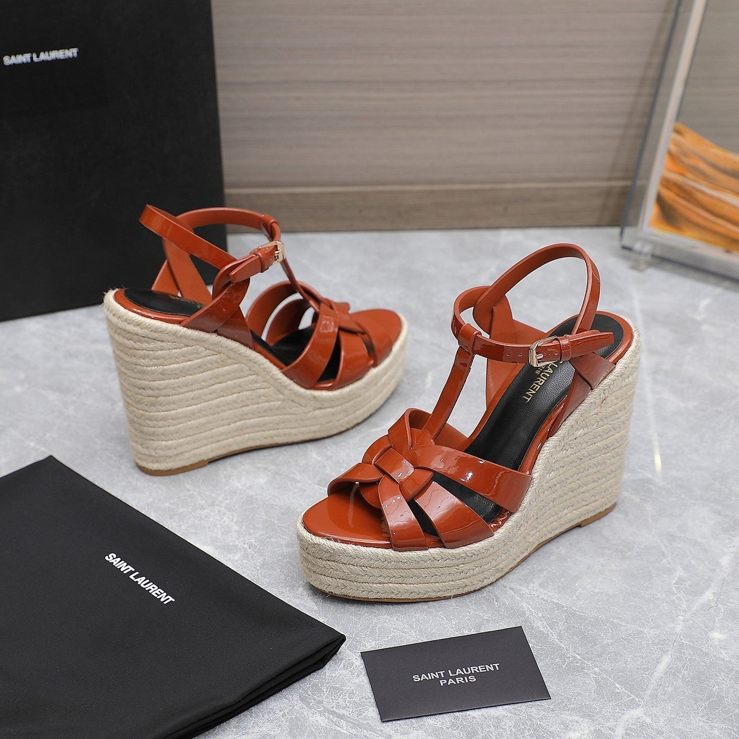 SL TRIBUTE WEDGE SANDALS BRICK POLISHED CALFSKIN