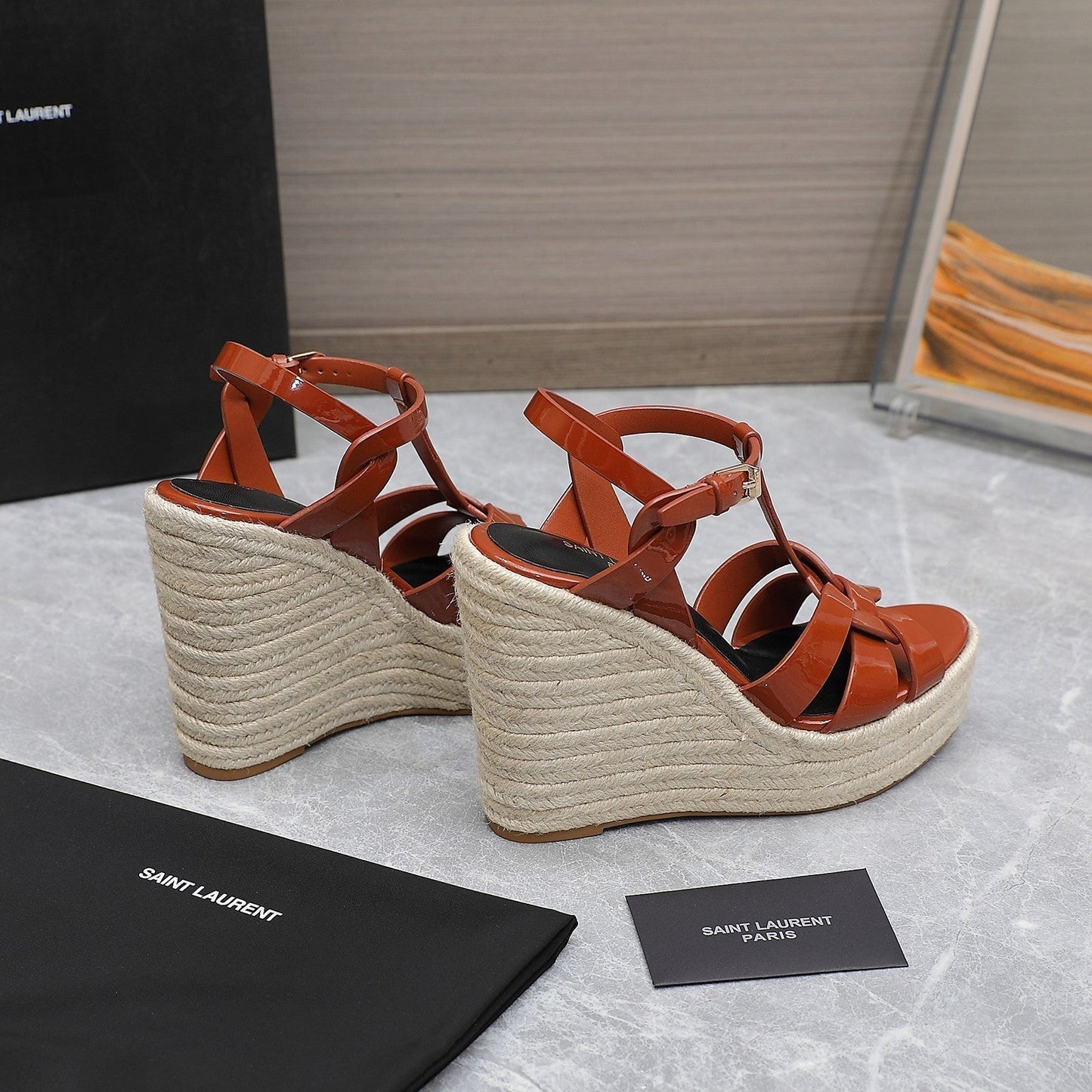 SL TRIBUTE WEDGE SANDALS BRICK POLISHED CALFSKIN